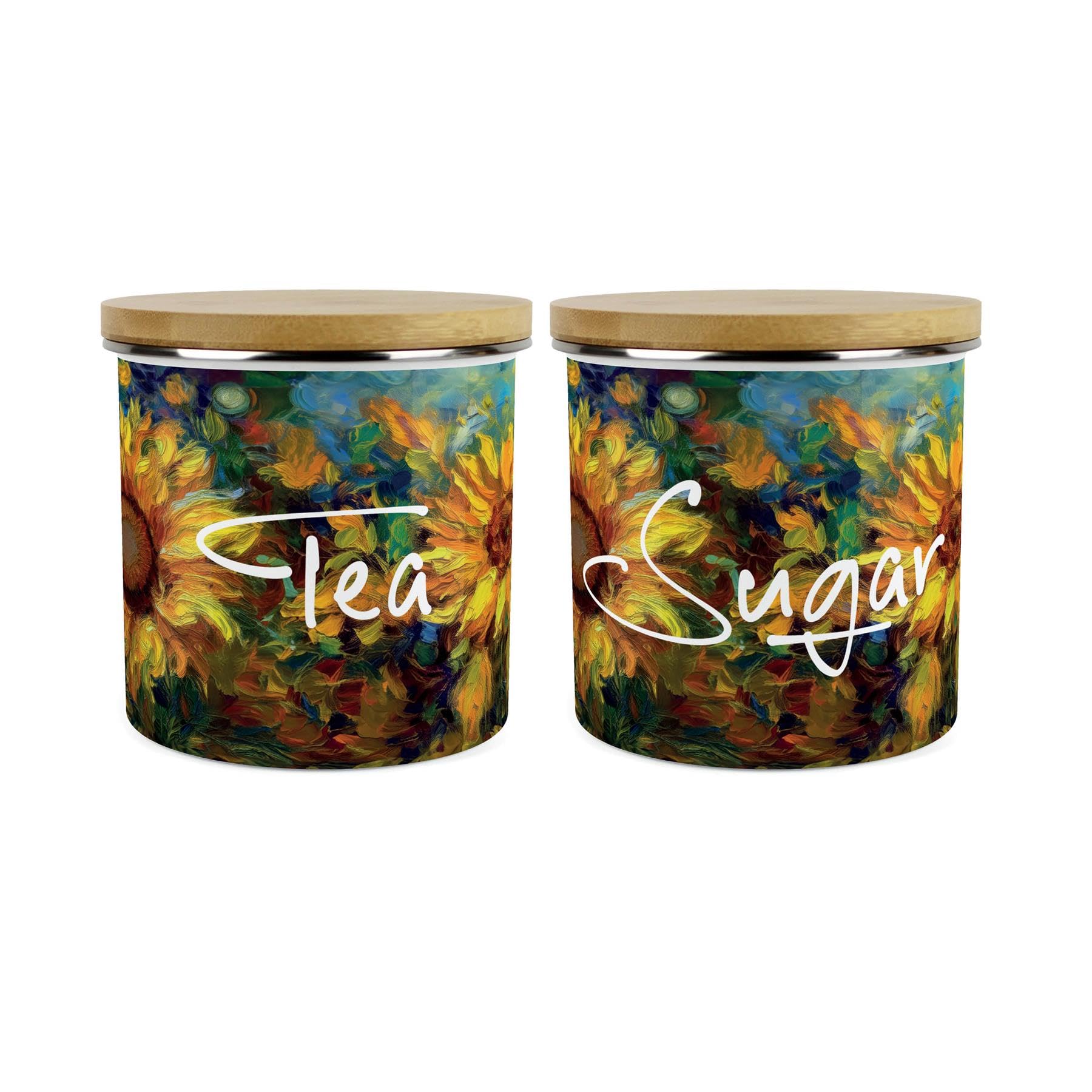 Purely Home Painted Sunflowers Tea & Sugar Storage Canisters Set - Van Gogh Inspired Oil Paint Floral Artwork - Enamel Hot Drinks Kitchen Storage Containers Set of 2
