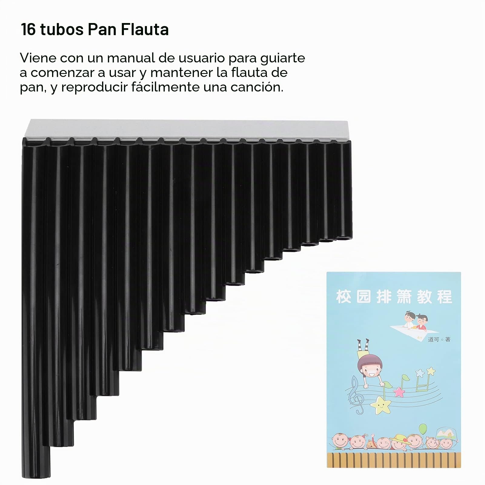 Flauta de pan ABS 16 tonos Tubo C Instrumentos musicales clave con bolso acolchado de nailon para niños, adultos, principiantes(negro)