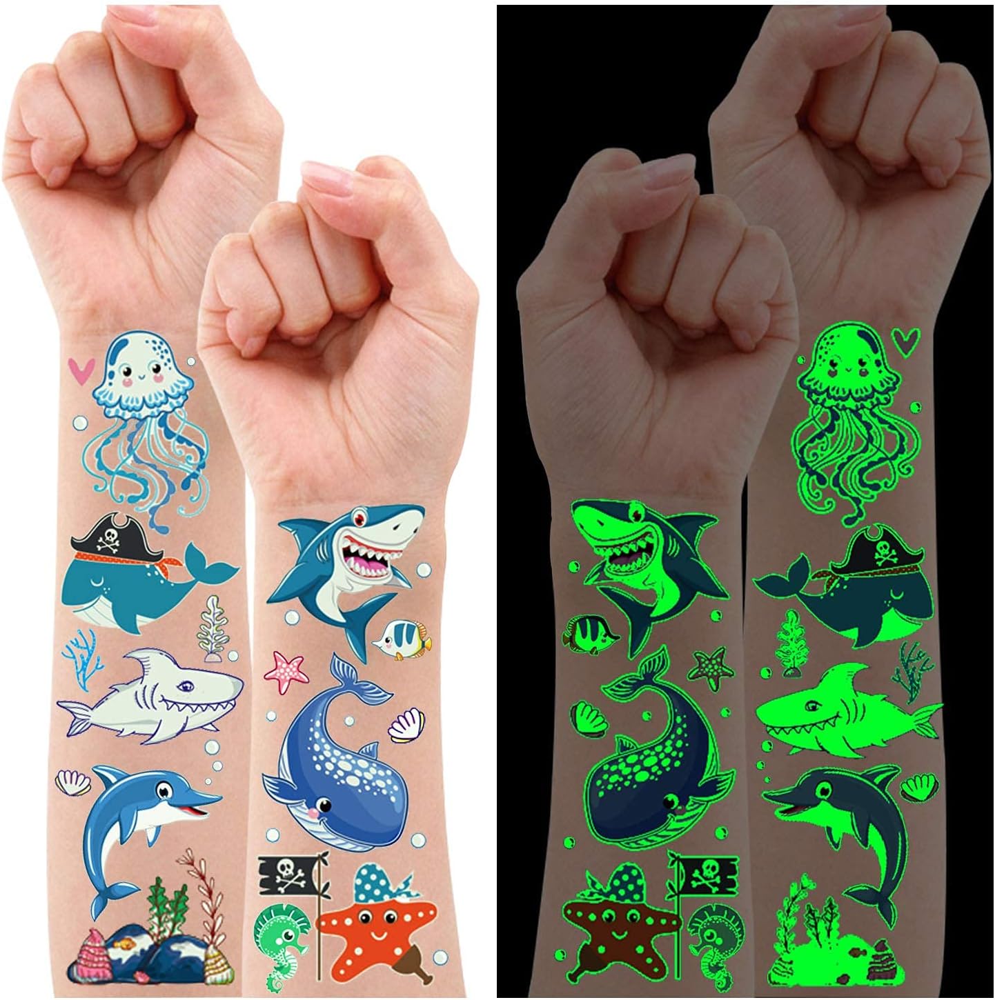 130 Styles Luminous Shark Temporary Tattoos for Kids, Glow Shark Bi...