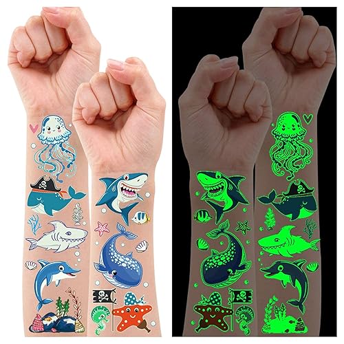 Partywind Tatuajes temporales de tiburón luminoso para niños, decoraciones de cumpleaños de tiburón brillante, suministros de recuerdos de fiesta
