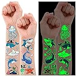 Partywind 130 Styles Luminous Shark Temporary Tattoos for Kids, Glow Shark Birthday Decorations Party Favors Supplies for Boys and Girls, Ocean Under Sea Fake Tattoo Stickers (10 Sheets)
