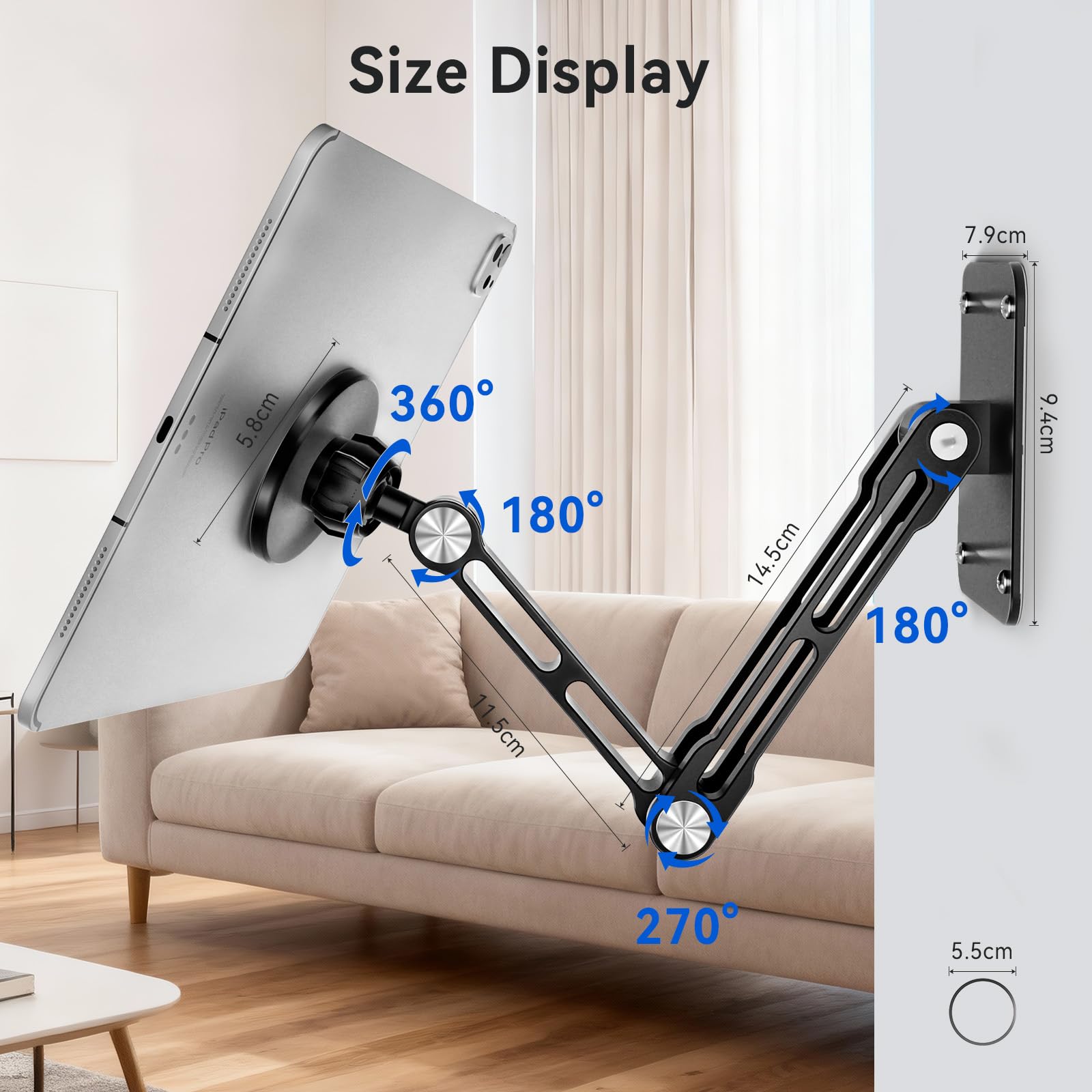 Tablet Supporto Magnetico da Parete 360° Girevole in Alluminio per Smartphone, Laptop, E-reader