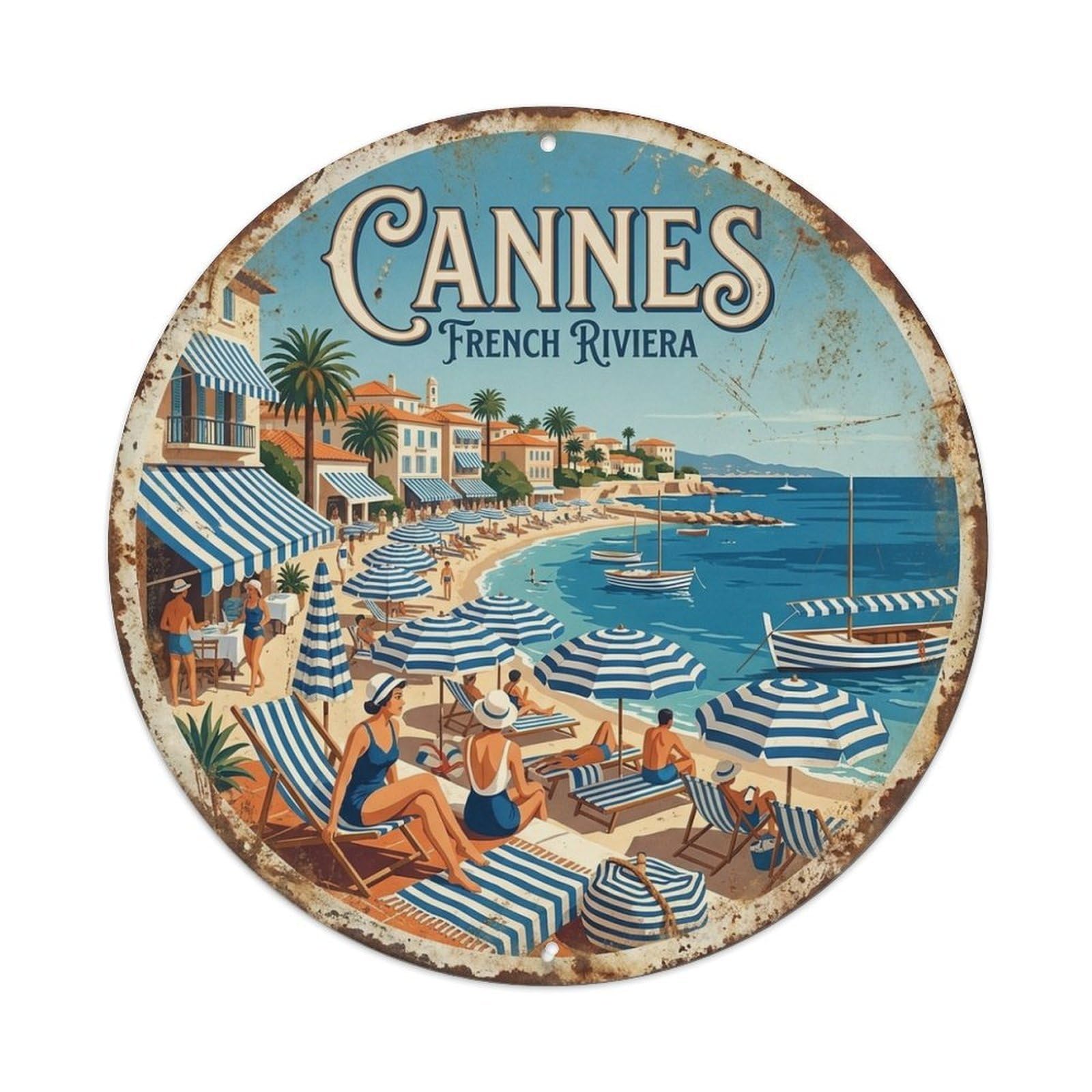 Cannes Striped Pattern Mediterranean Travel Vintage Metal Tin Sign