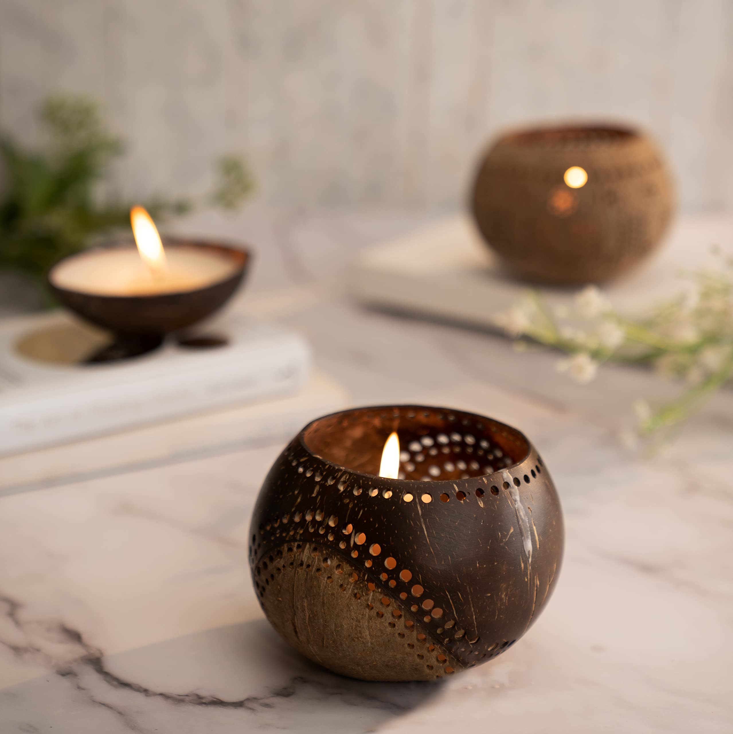 Thenga Hand Carved Coconut Shell Candle Holder | Eco-Friendly Lantern Tealight for Warm Ambience | Exotic Wooden Candle Holders for Home, Living Room, Bedroom & Decor Accents – Handcrafted (Set of 1)