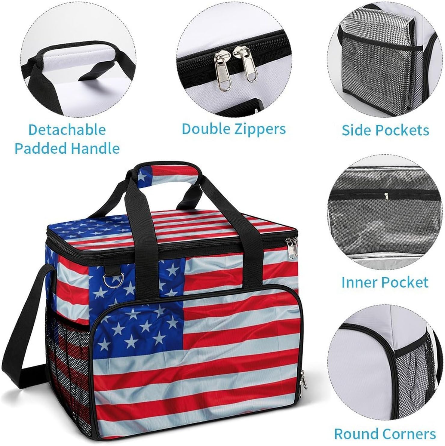 Insulated Picnic Backpack Tote Bag, Large Capacity 30L Flag Pattern Cooler Bag Leakproof Beach Bags Portable Lunch Box Waterproof Picnic Basket for Beach Camping BBQ