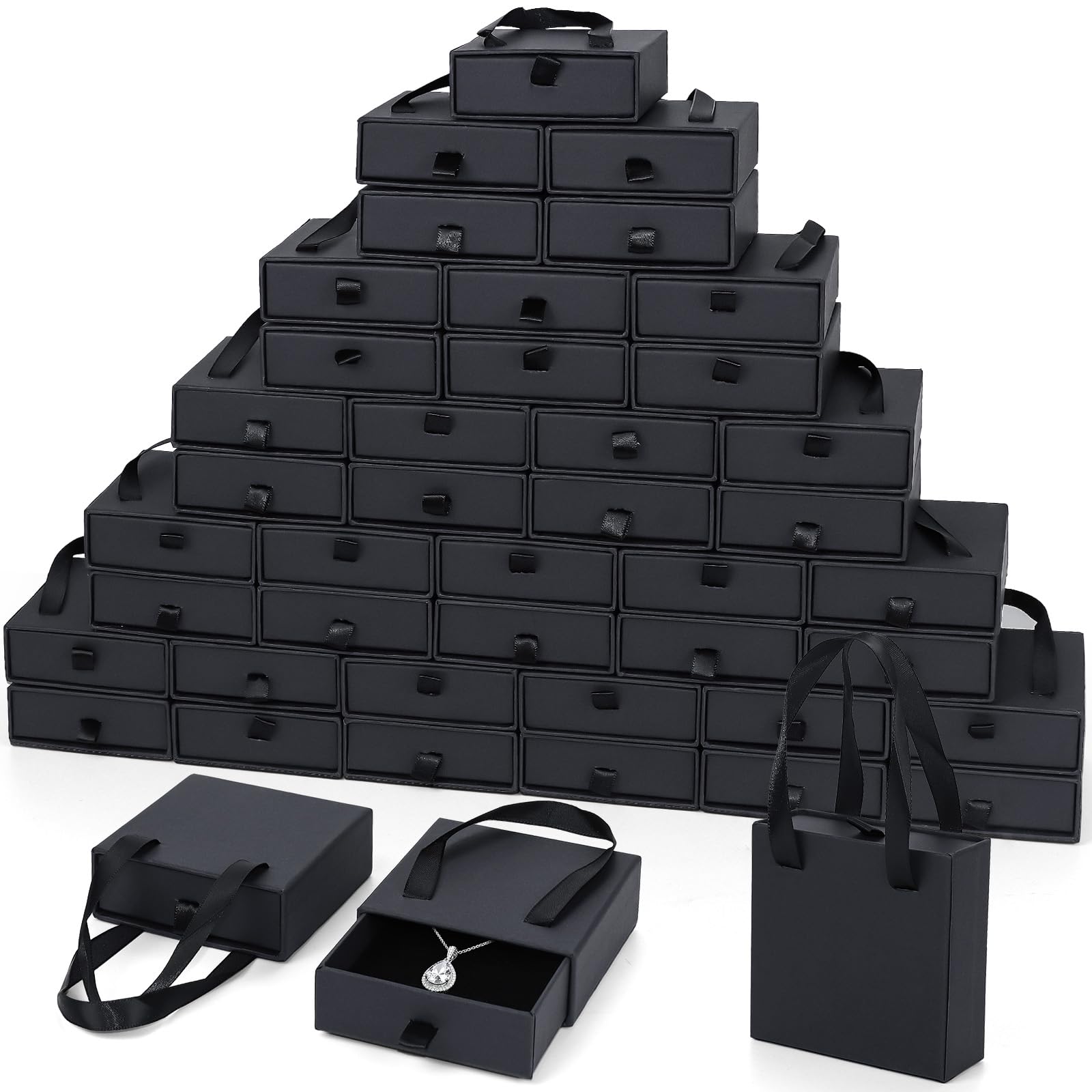 Confezione da 50 scatole portagioie nere, 8 x 8 x 3 cm, scatole regalo con maniglia per il trasporto, portagioie in cartone con inserto in velluto per collane, orecchini, anelli, design per piccoli