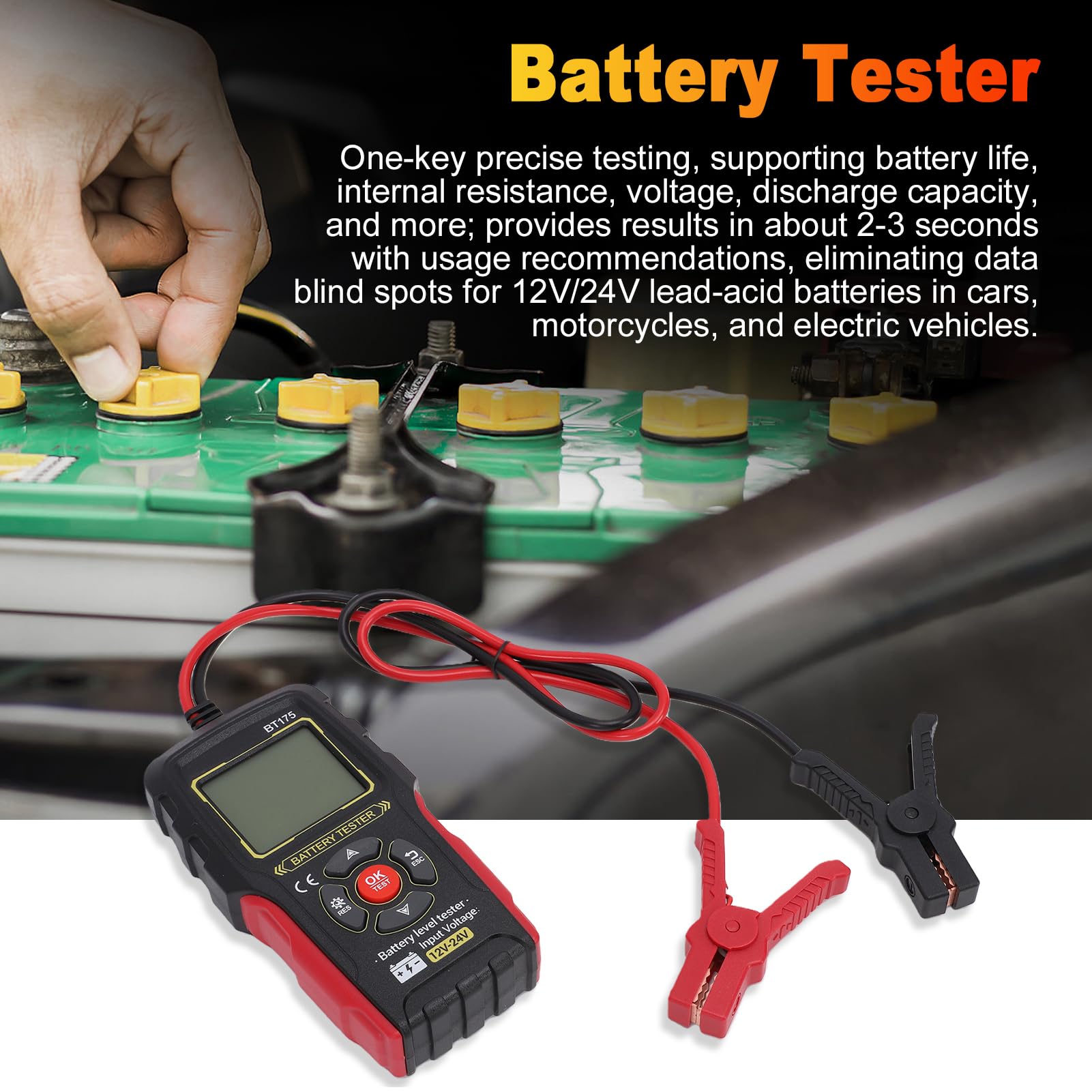 Tester per batterie, analizzatore di batterie per auto universale 12V 24V con display retroilluminato, avviso di cattivo contatto, misura batterie CCA 50-1999 3AH-200AH,