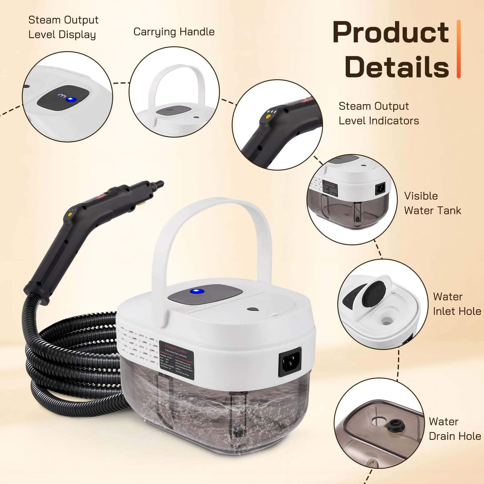 Nettoyeur Vapeur Haute Pression 2500W avec Réservoir 1,6L – Pression 3 Bar & Vapeur à 105°C – Nettoyage Multi-usage Sans Produit Chimique pour Sol, Cuisine, Vitres, Tissus