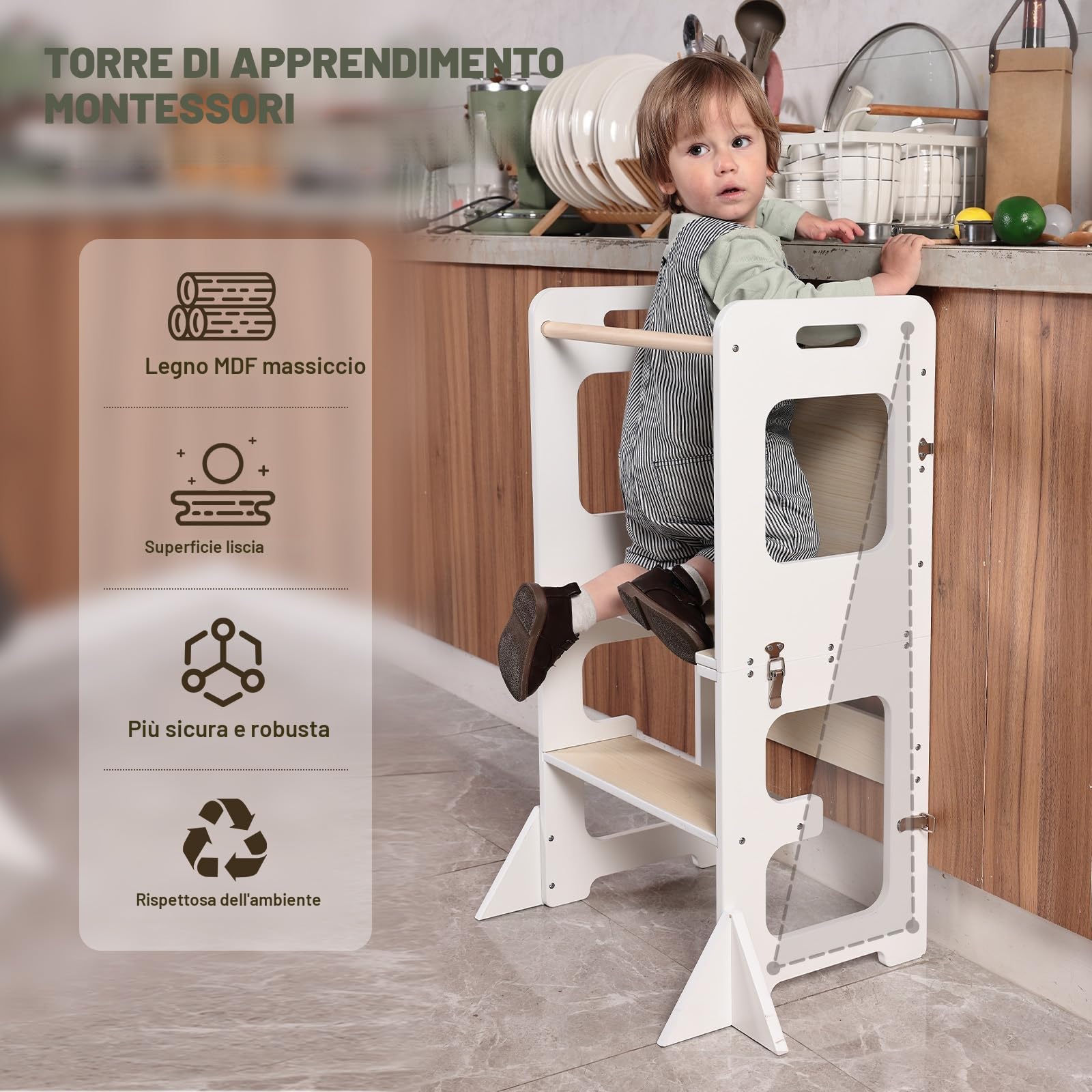 Labebe Montessori Torre per bambini, 3 in 1 Torre di Apprendimento Pieghevole, Multifunzionale Torre didattica con lavagna, Legno protezione antiribaltamento torretta da 1 anno bambini-bianco e legno