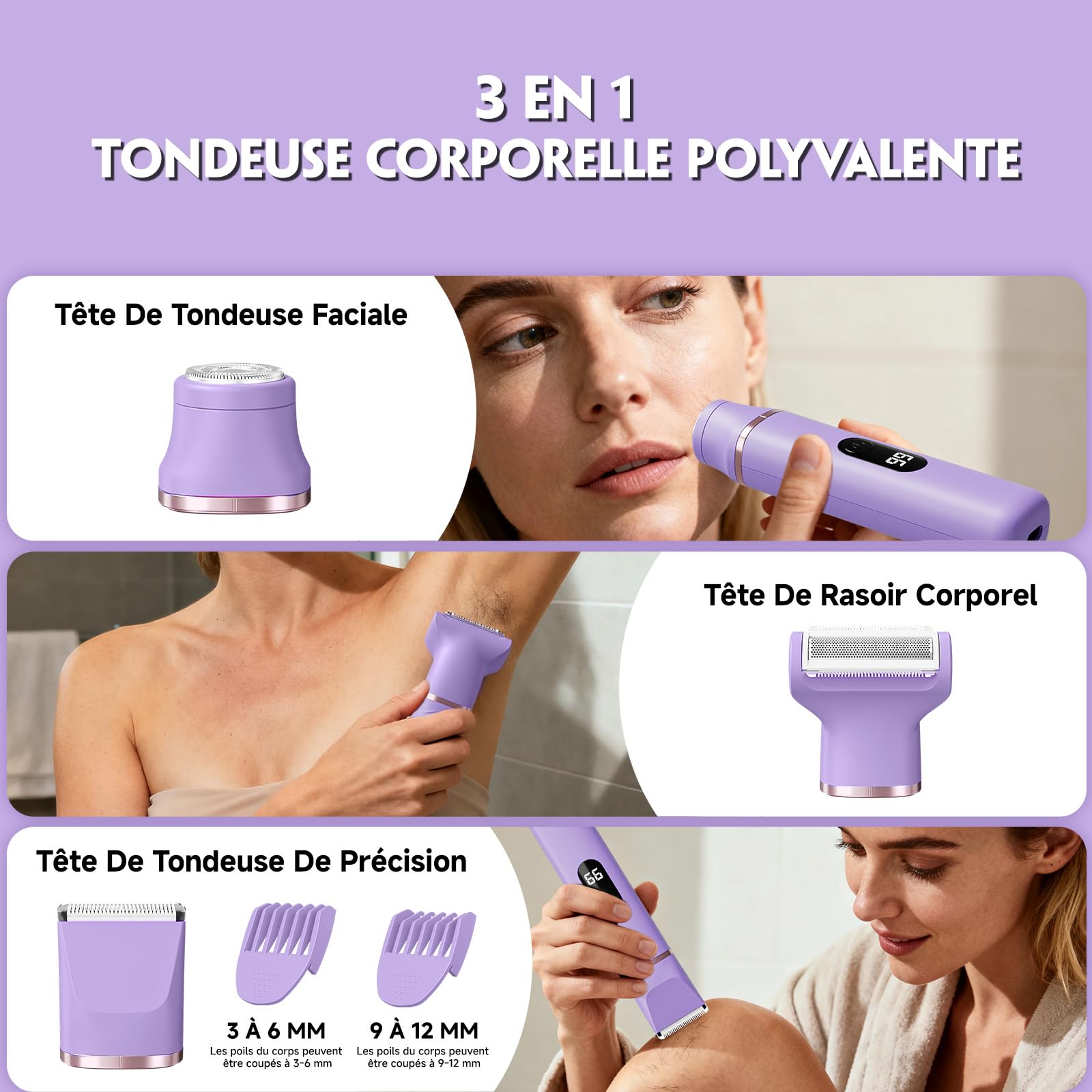 Tondeuse Femme Intime Maillot, Rasoir Électrique Femme 3-en-1, Rasoir Femme sans Douleur, Épilateur Visage et Corps Étanche avec Écran LCD pour Jambes, Bras, Aisselles