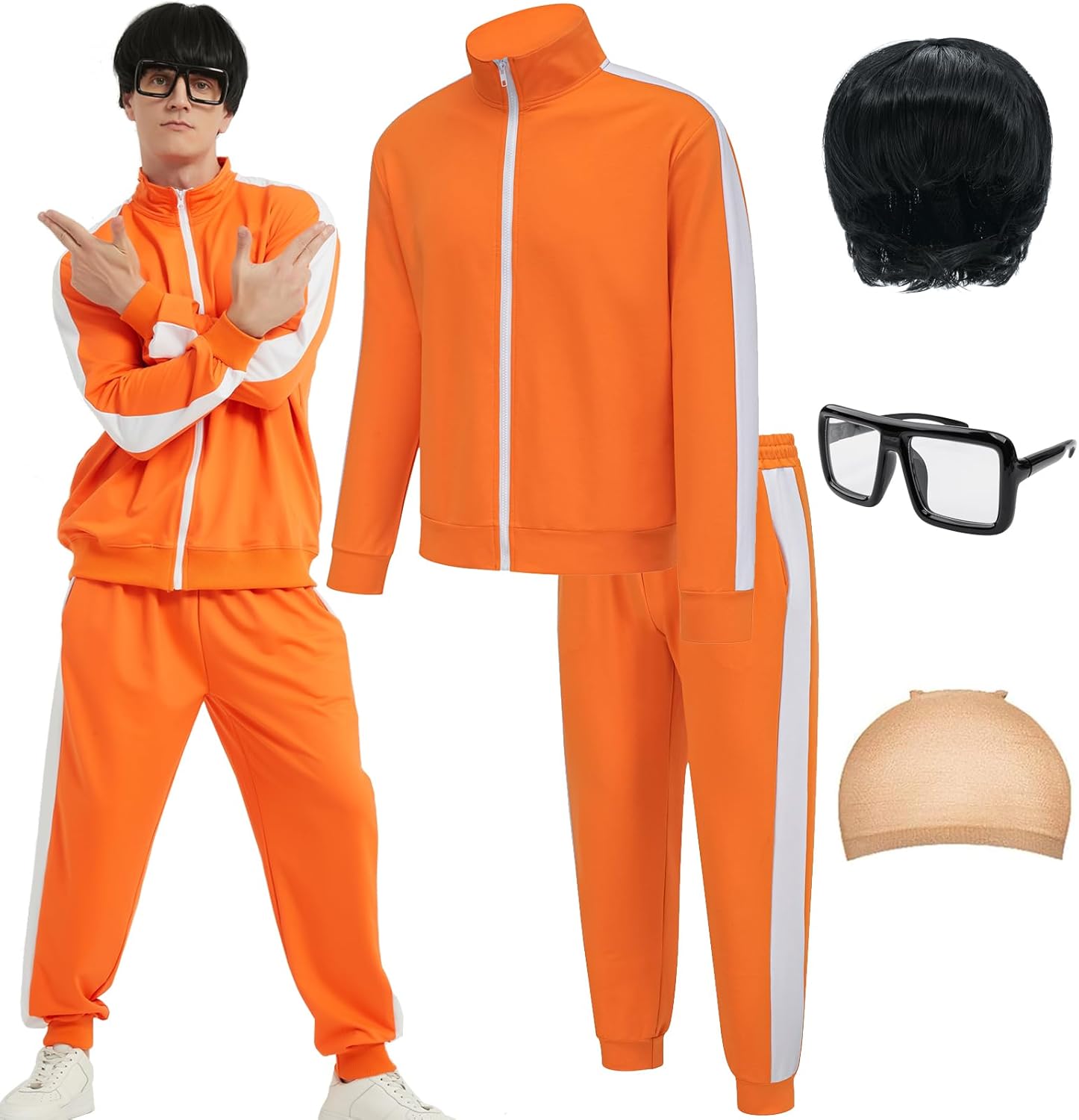 EFORLED Adult Halloween Costumes for Men 2025,Family Vector Orange Zip-Up Tracksuit with Black Wig Cap & Glasses Small