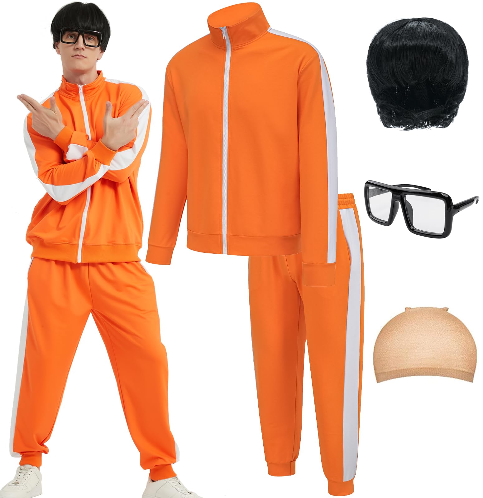 EFORLED Adult Halloween Costumes for Men 2025 Family Orange Zip-Up Tracksuit with Black Wig Cap Glasses