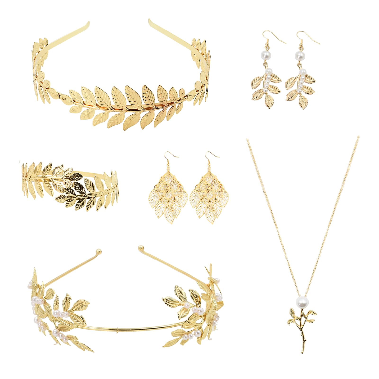 Greek Goddess Jewelry Set 6 Pack Greek Goddess Accessories for Women with Gold Roman Laurel Leaf Crown Headbands Bracelet Lace Earrings Greek Goddess Costume