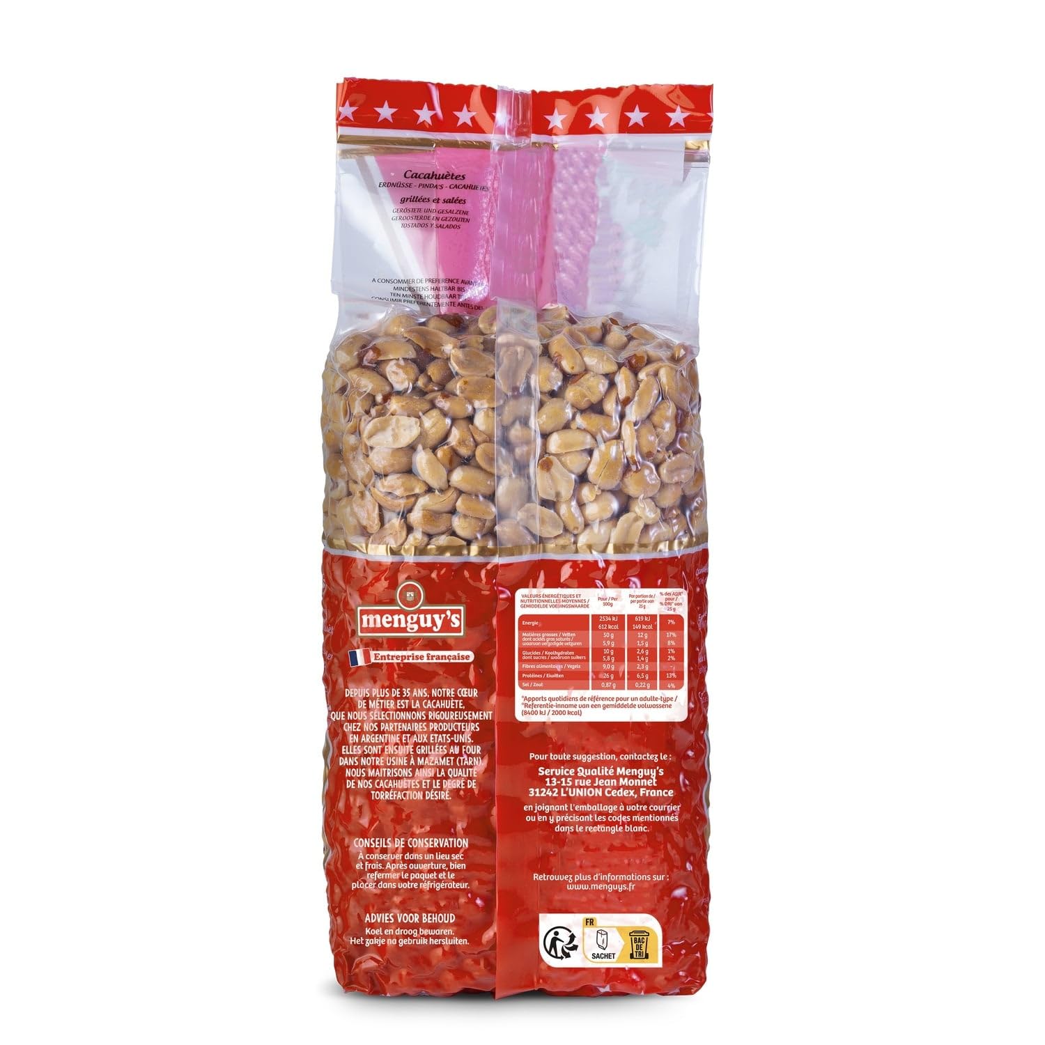 MENGUY'S Cacahuètes Grillées et Salées — Sachet de 1,5kg — Torréfaction Artisanale en France — Apéritif Terroir - Lot de 2