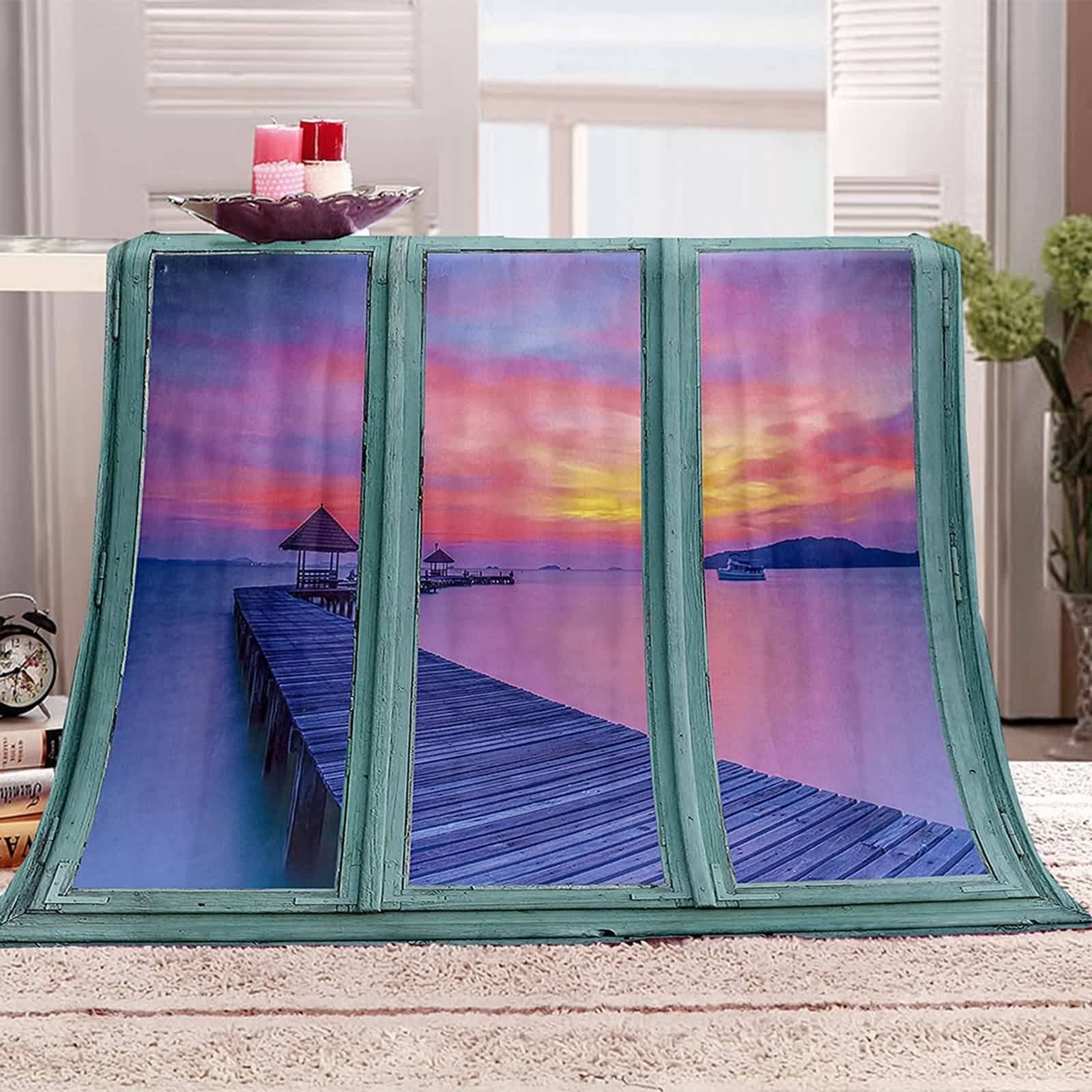 Coperta estetica, soffice coperta in flanella gialla viola tramonto lungomare 180 x 220 cm, per divano letto, ufficio, auto, morbida e calda