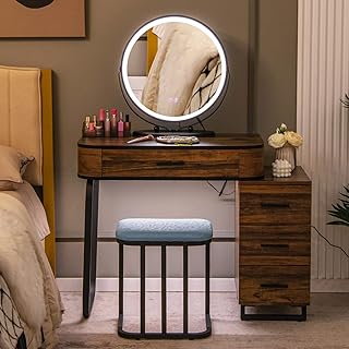 GOFLAME Vanity Table Set with 3-Color Lighted Swivel Touch Screen Mirror, Dressing Table Set with Human Body Induction, Wireless Charging Station, Makeup Desk and Cushioned Stool Set for Women, Girls