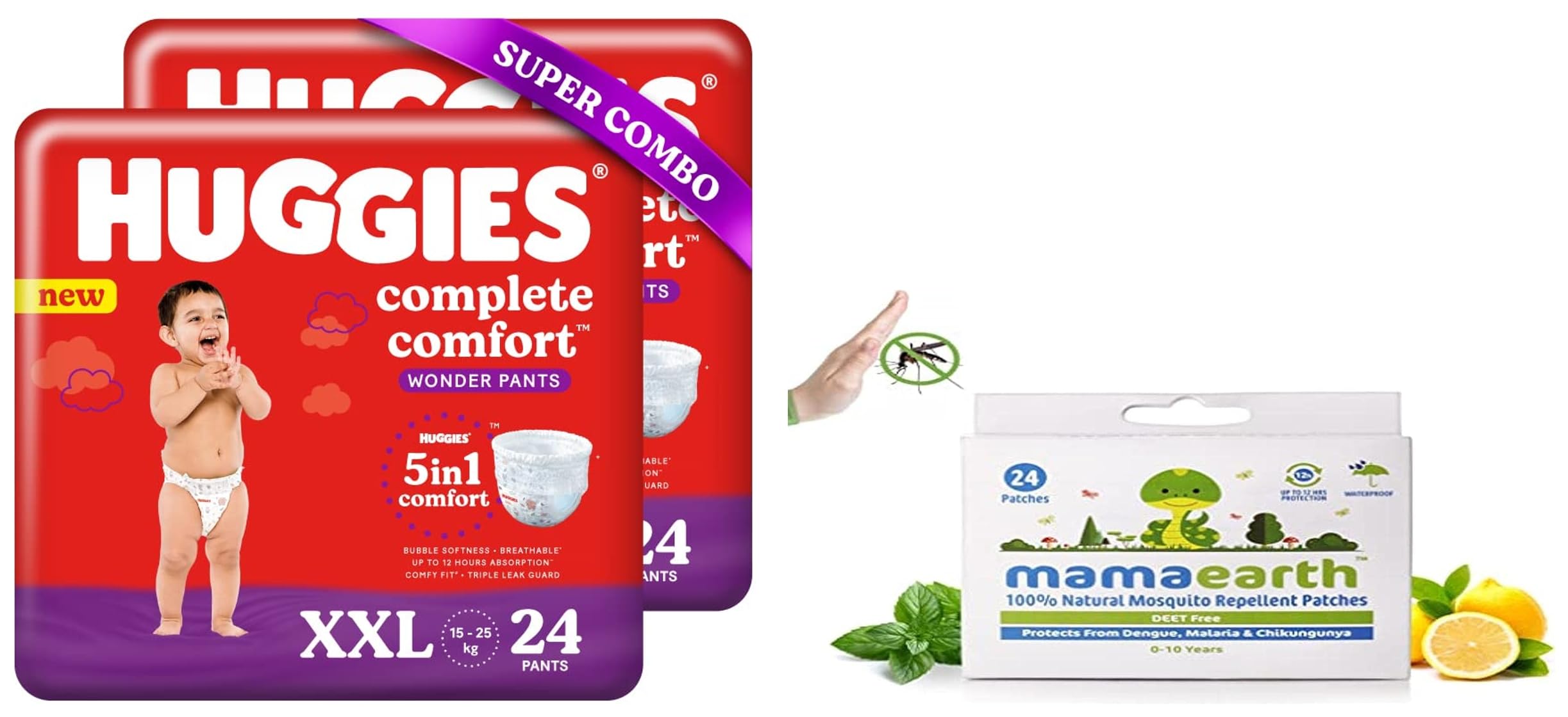 Huggies Complete Comfort Wonder Pants, Double Extra Large (XXL) Combo Pack of 2, 24 count Per Pack, (48 count) & Mamaearth Natural Repellent Mosquito Patches For Babies with 12 Hour Protection-picture-49