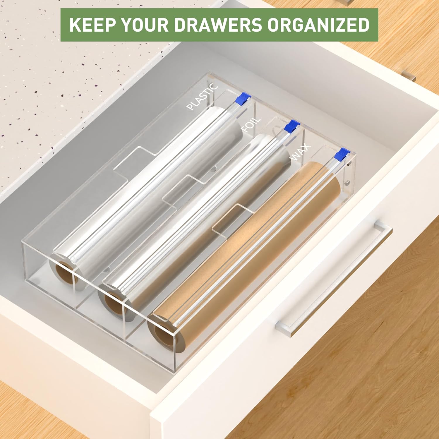 Kitchen Wrap Organizer, Foil and Plastic Wrap Organizer 3 in 1 with Sliding Cutter, Acrylic Wrap Dispenser for Drawer or Wall Mount, Fits 12 Inch Rolls - Image 8