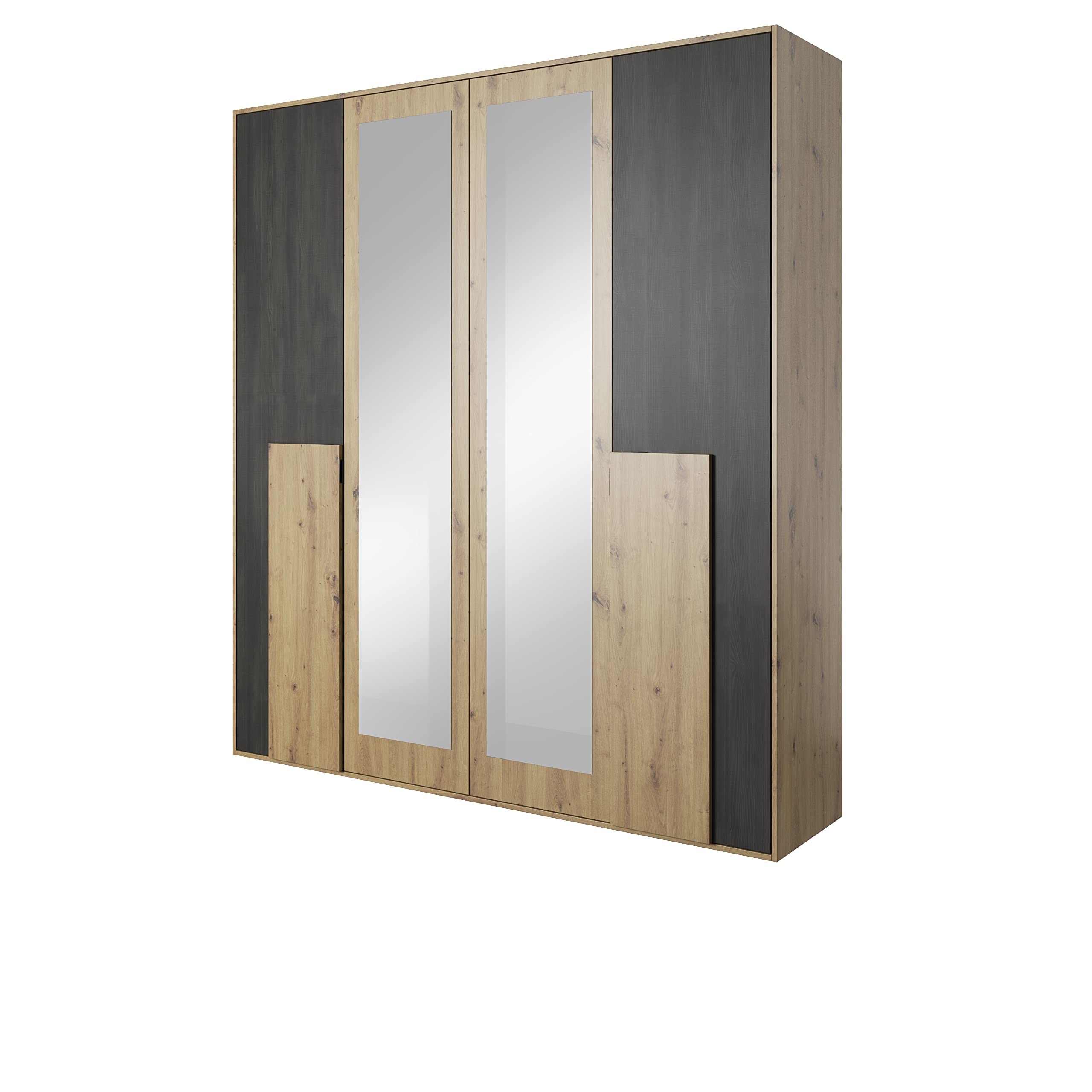 Fabryka Mebli Idźczak Schlafzimmer-Set Bafra Bettgestell - Doppelbett Ehebett mit Superb-Matratze - Kleiderschrank mit Spiegel, Nachttisch, Kommode - Artisan Eiche/Schwarze Norwegische Kiefer