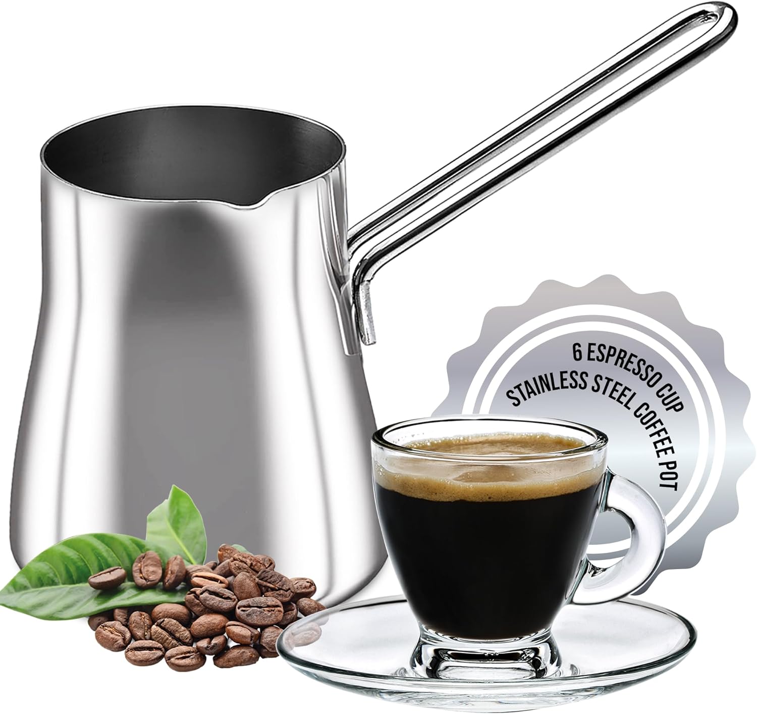 Turkish Coffee Gift Set - 18/10 Stainless Steel Coffee Pot (29 oz) & Set of 6 Clear Glass Espresso Cups with Saucers - Perfect for Turkish Coffee, Tea, and Espresso Lovers