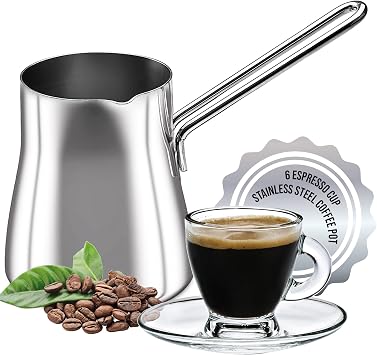 Crystalia Turkish Coffee Pot 18/10 Stainless Steel and Espresso Cups with Saucers, Demitasse Clear Glass Drinkware, Set of 6 Cups
