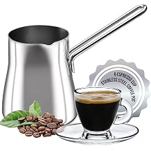 Turkish Coffee Gift Set - 18/10 Stainless Steel Coffee Pot 29 oz & Set of 6 Clear Glass Espresso Cups with Saucers - Perfect for Turkish Coffee, Tea, and Espresso Lovers