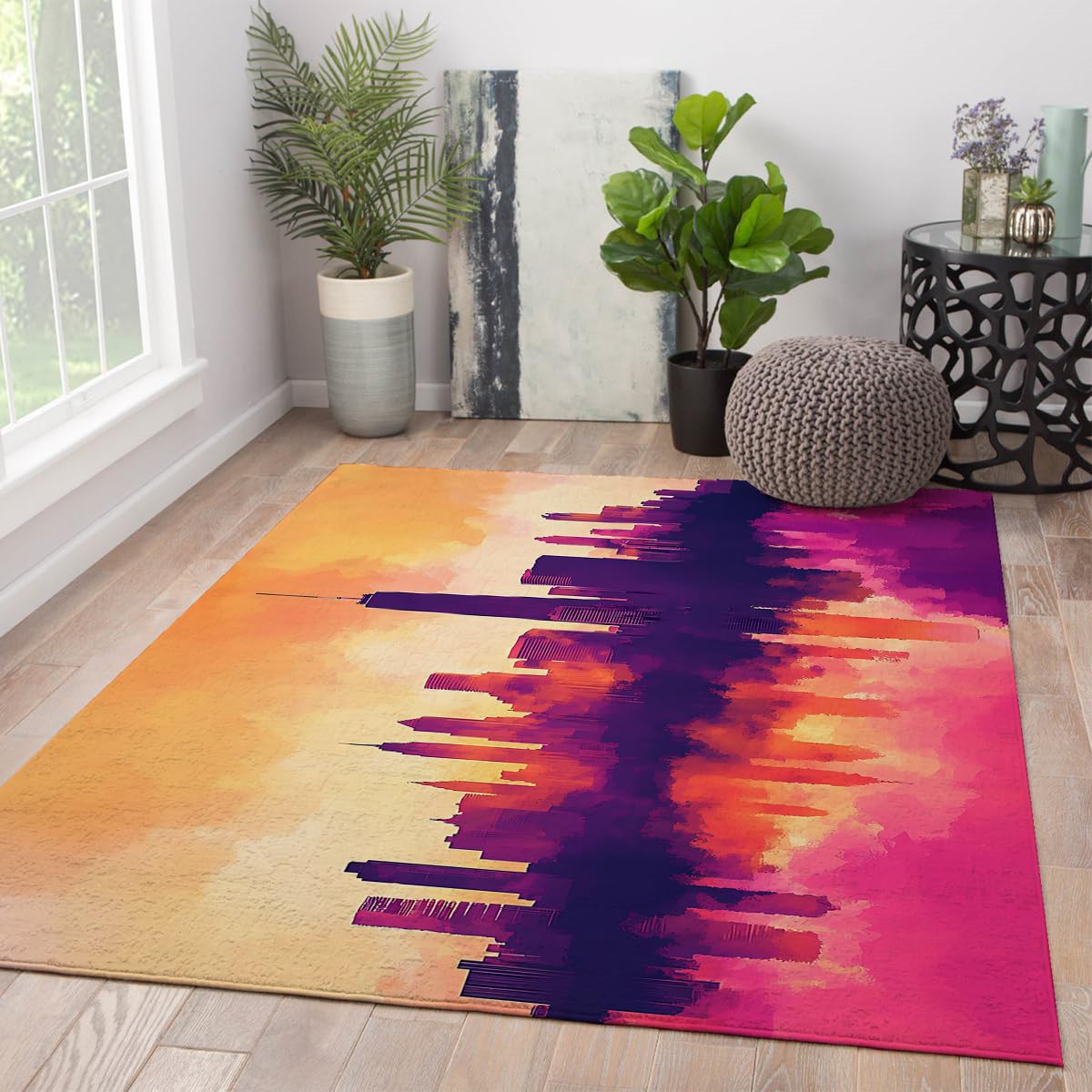 Zachód słońca pejzaż miejski panorama dywan do salonu 120 x 160 cm zmywalny niski runo | Ciepłe kolory zachodu słońca i sylwetki miasta dywan do salonów, mieszkań, studiów i biur