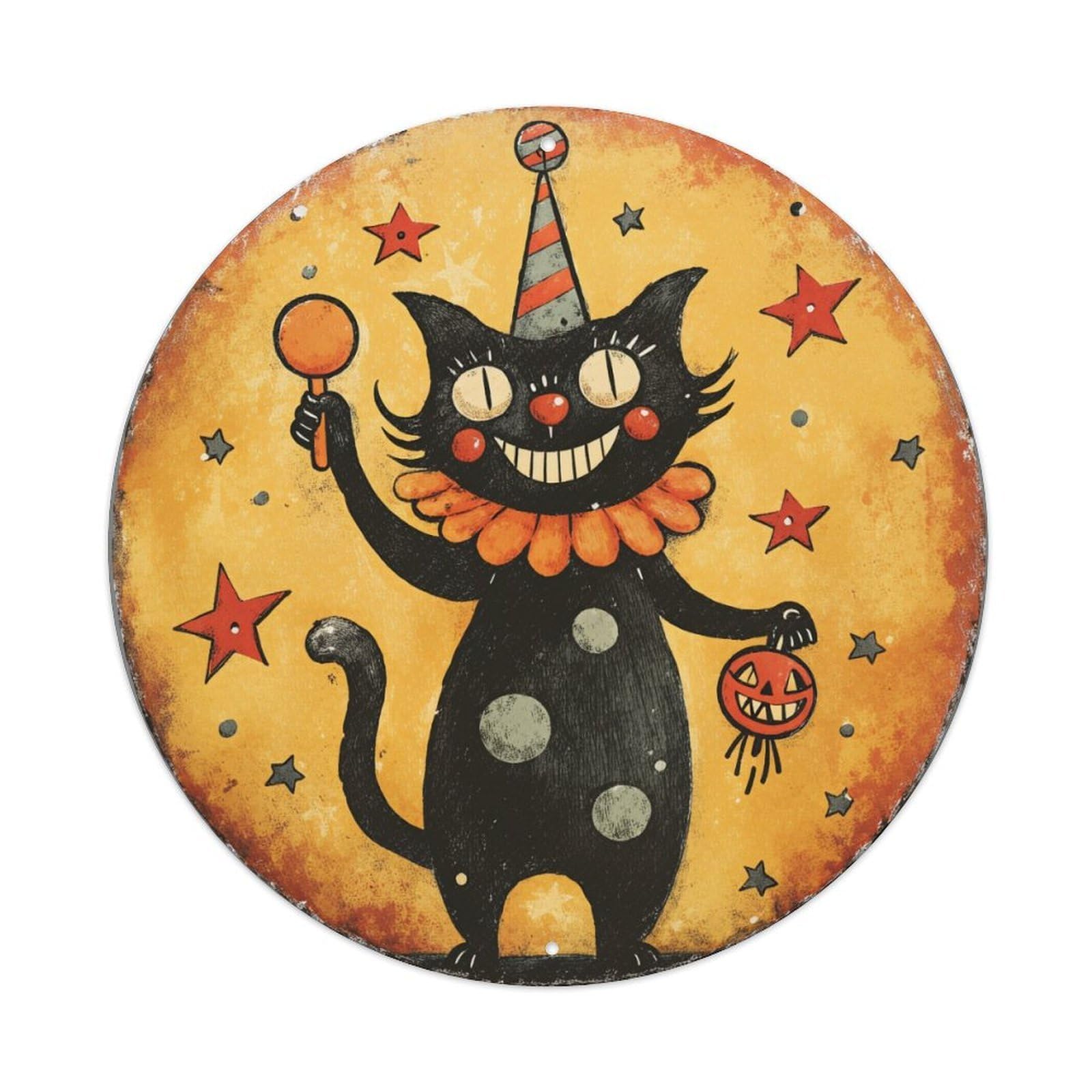 Jdfenggu Vintage Black Cat With Party Hat And Pumpkin Retro Metal Tin Sign, Metal Poster For Bar, Home, Man Cave, Kitchen, Laundry Room Art Decor 8X8 Inch