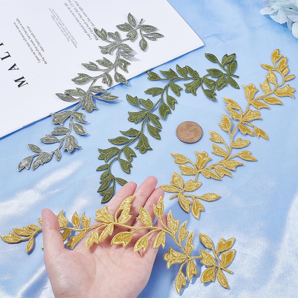 4 Toppe Ricamate A Foglia In Pizzo - Applicazioni Per Cucito Su Abiti, Sposa, Fai Da Te (Verde E Oro)