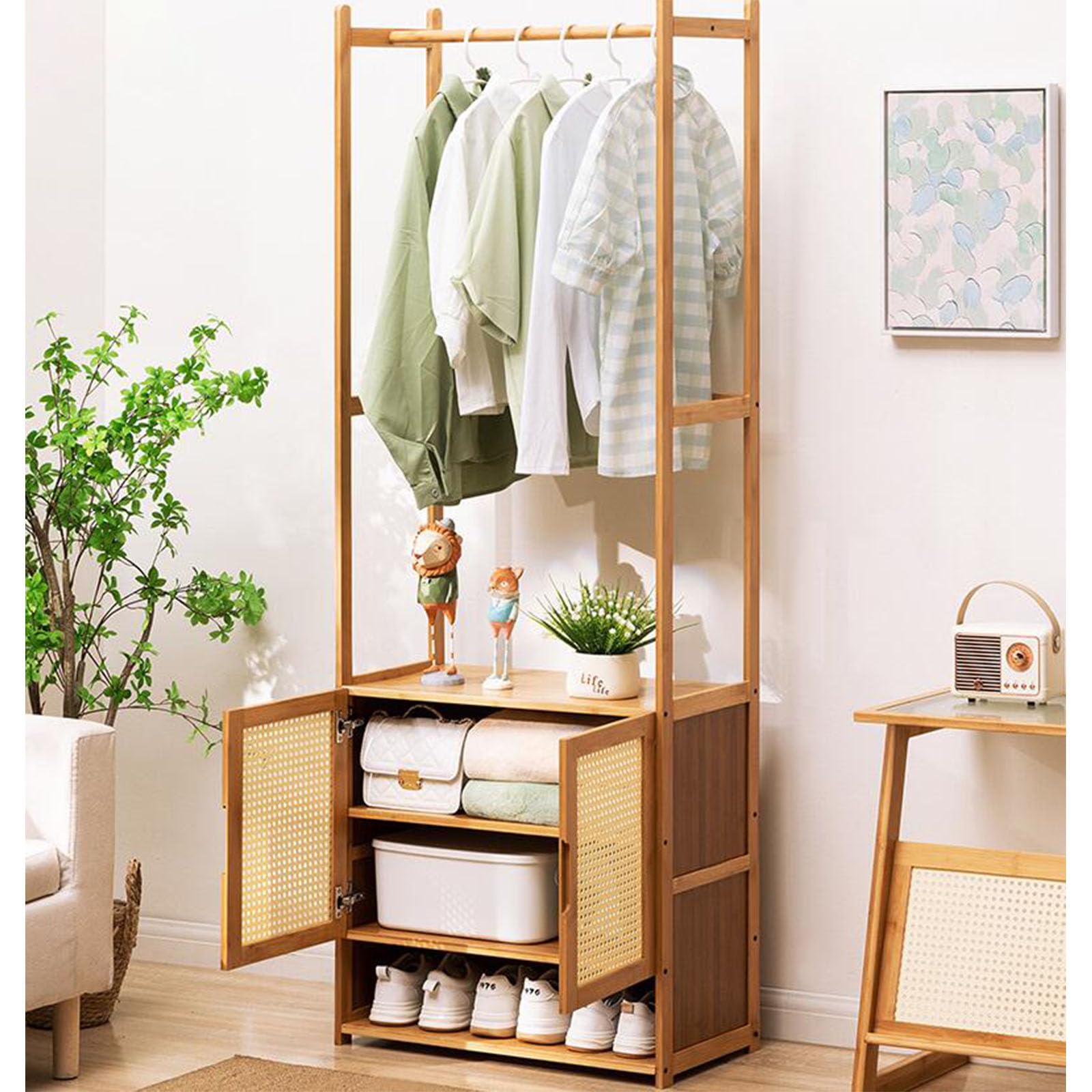 WJFTODAY 4 in 1 Rustic Hall Tree Entryway Coat Rack with Bench & Shoe 6/8 Hooks Grid Panel for Mudroom Bedroom Storage Solution