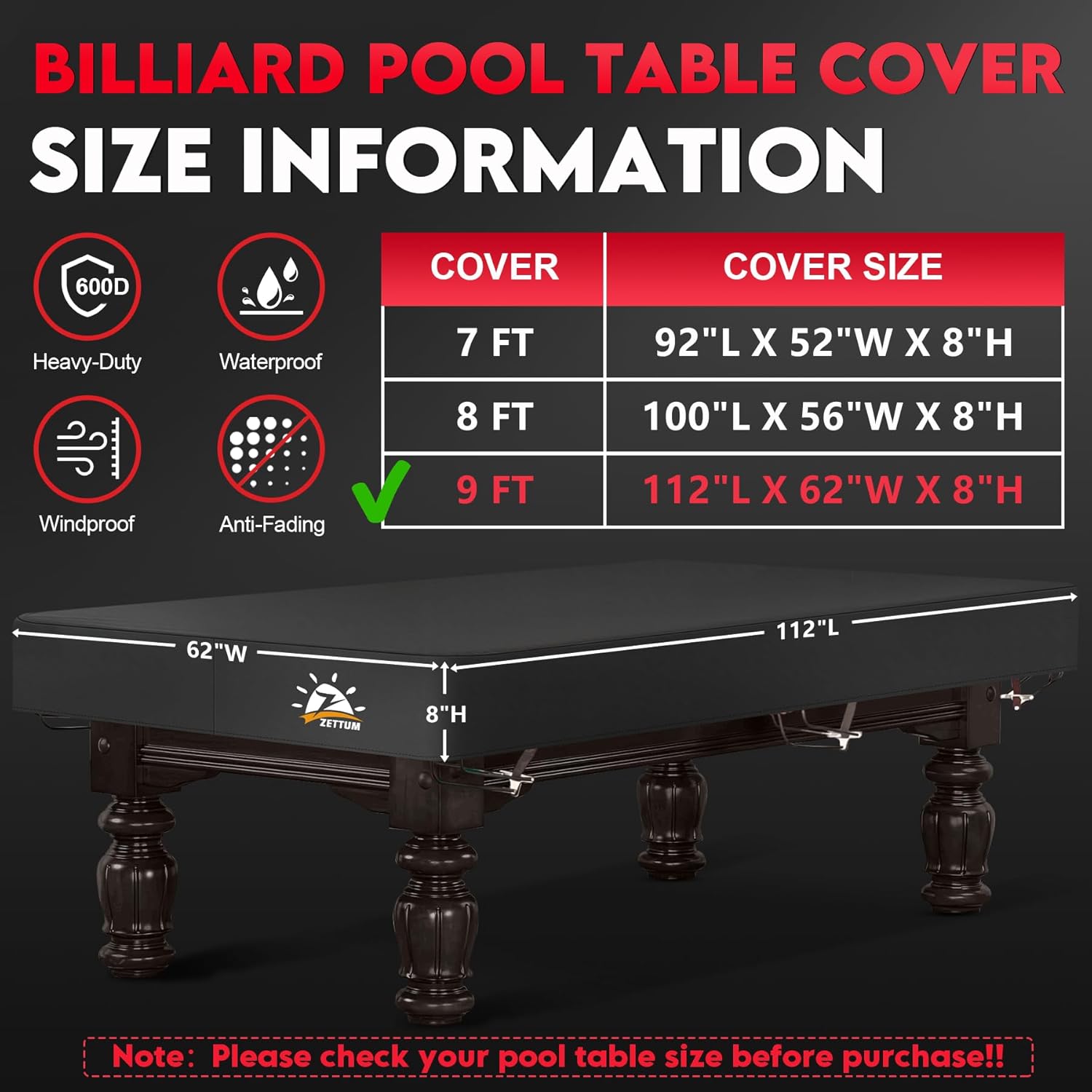 Zettum Pool Table Cover - Billiard Table Covers, 600D Waterproof & Heavy Duty Covers for Billiard Pool Table, Scratch-Proof UV Protection Snooker Furniture Table Cover - 9 Feet