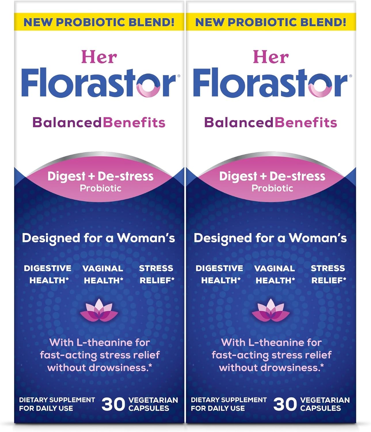Florastor Probiotics for Women, Digest and De-Stress, Probiotics for Digestive Health, Vaginal Probiotic, and L-Theanine for Mind and Body Wellness, 60 Capsules