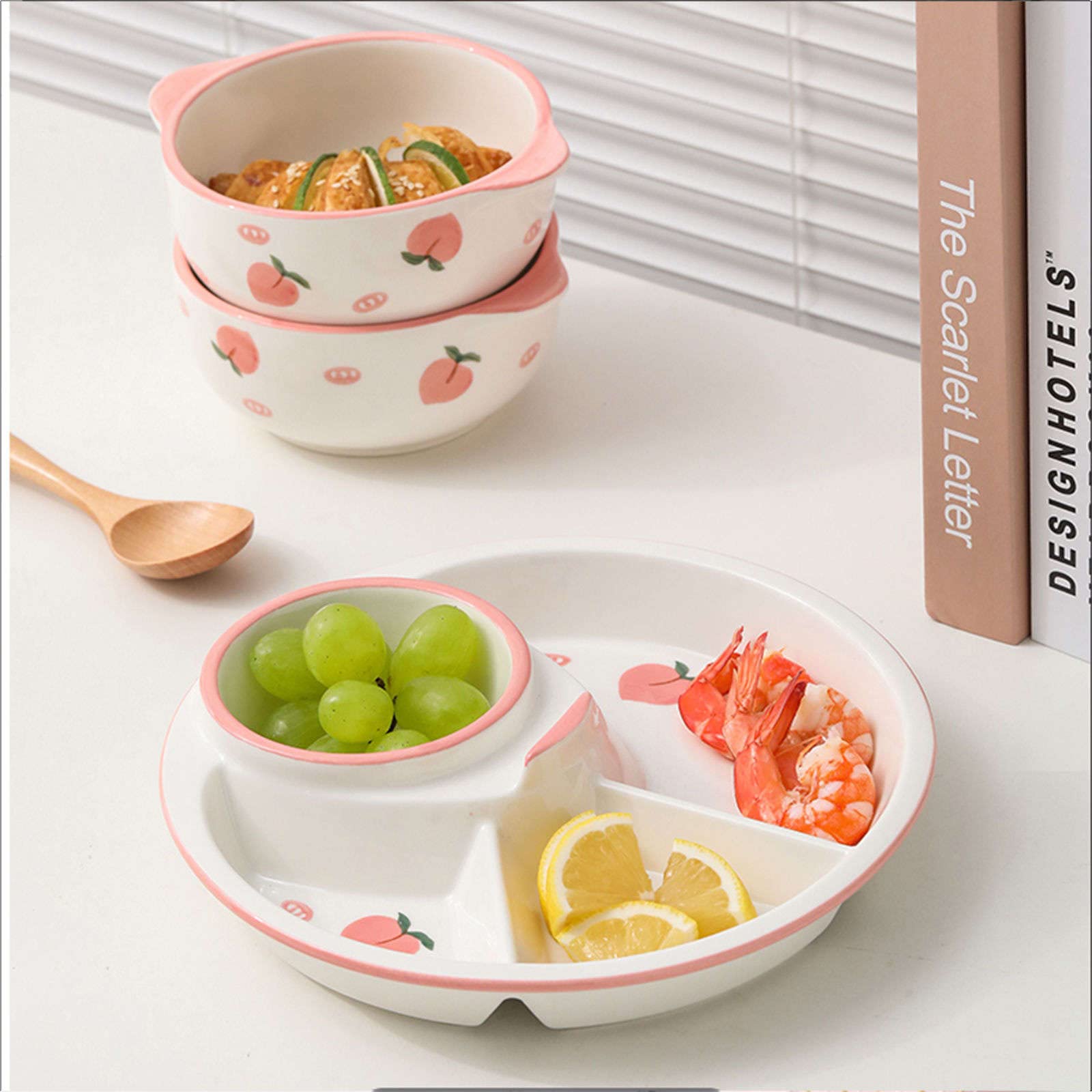 Assiettes à dîner divisées, assiette de contrôle du régime, assiettes, des portions, for adultes, petit-déjeuner-pêche-assiette pêche(Plate)