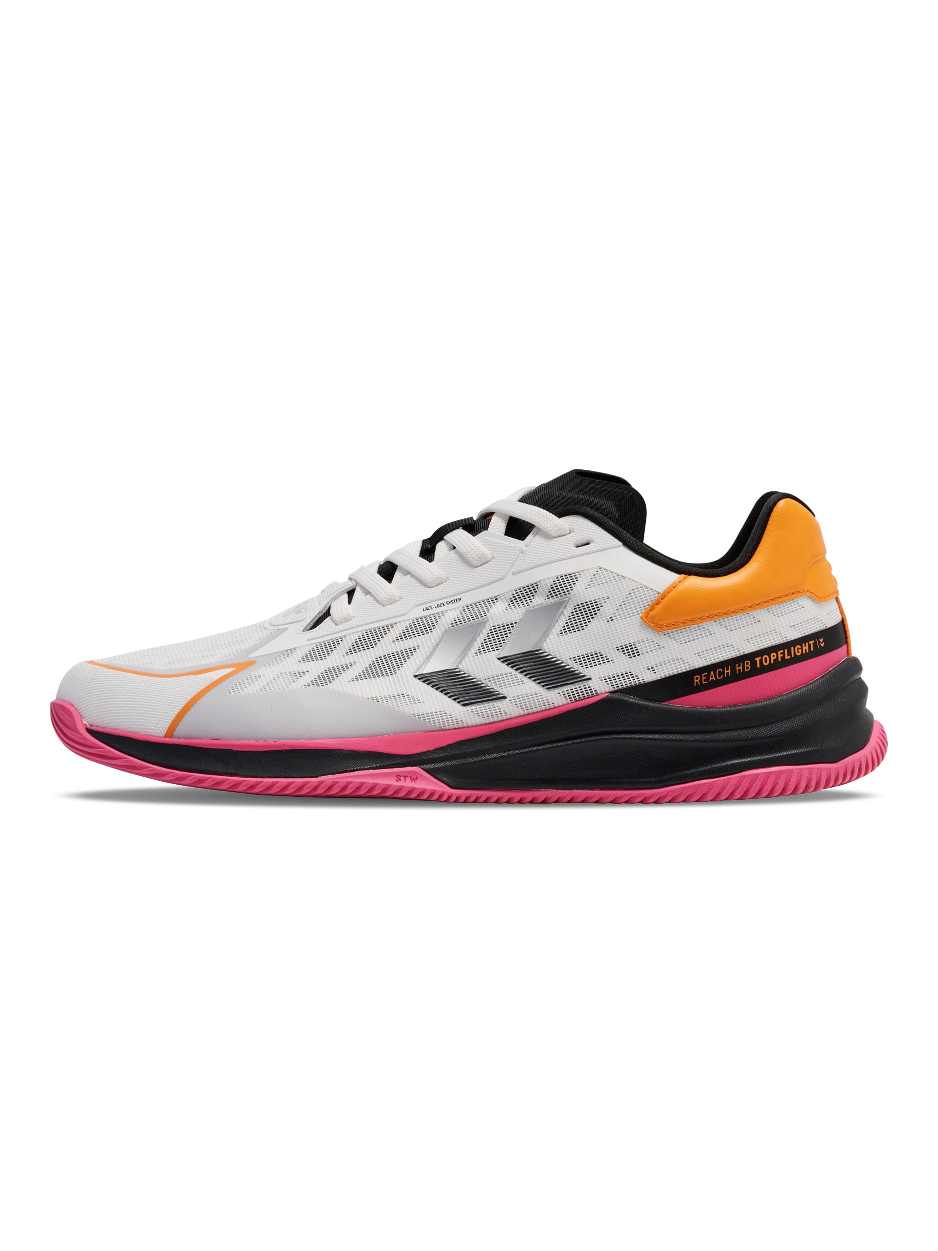 hummel HB TopFlight Pro 230728-9639 - Zapatillas de balonmano para interiores, color blanco/rosa/naranja