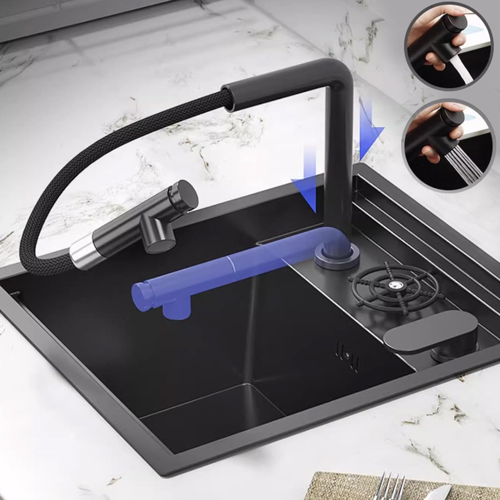 Fregadero De Cocina Con Grifo Extraíble 45×38 Cm De Acero Inoxidable 304 Con Lavavasos Y Kit De Instalación Completo Montaje Bajo Encimera/sobre Encimera Para Apartamentos Autocaravanas Bares