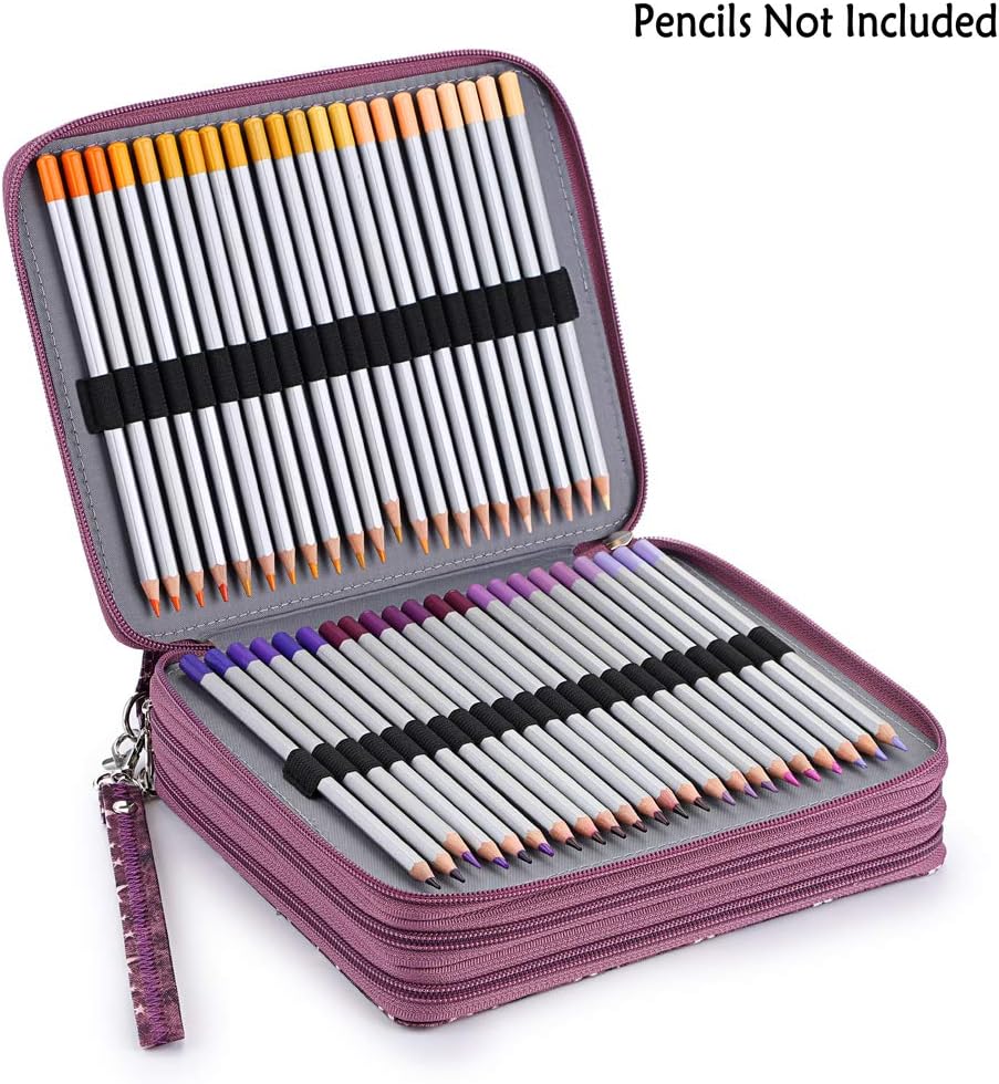 BTSKY Colored Pencil Case- 120 Slots Pencil Holder Pen Bag Large Capacity Pencil Organizer with Handle Strap Handy Colored Pencil Box with Printing Pattern Purple Star