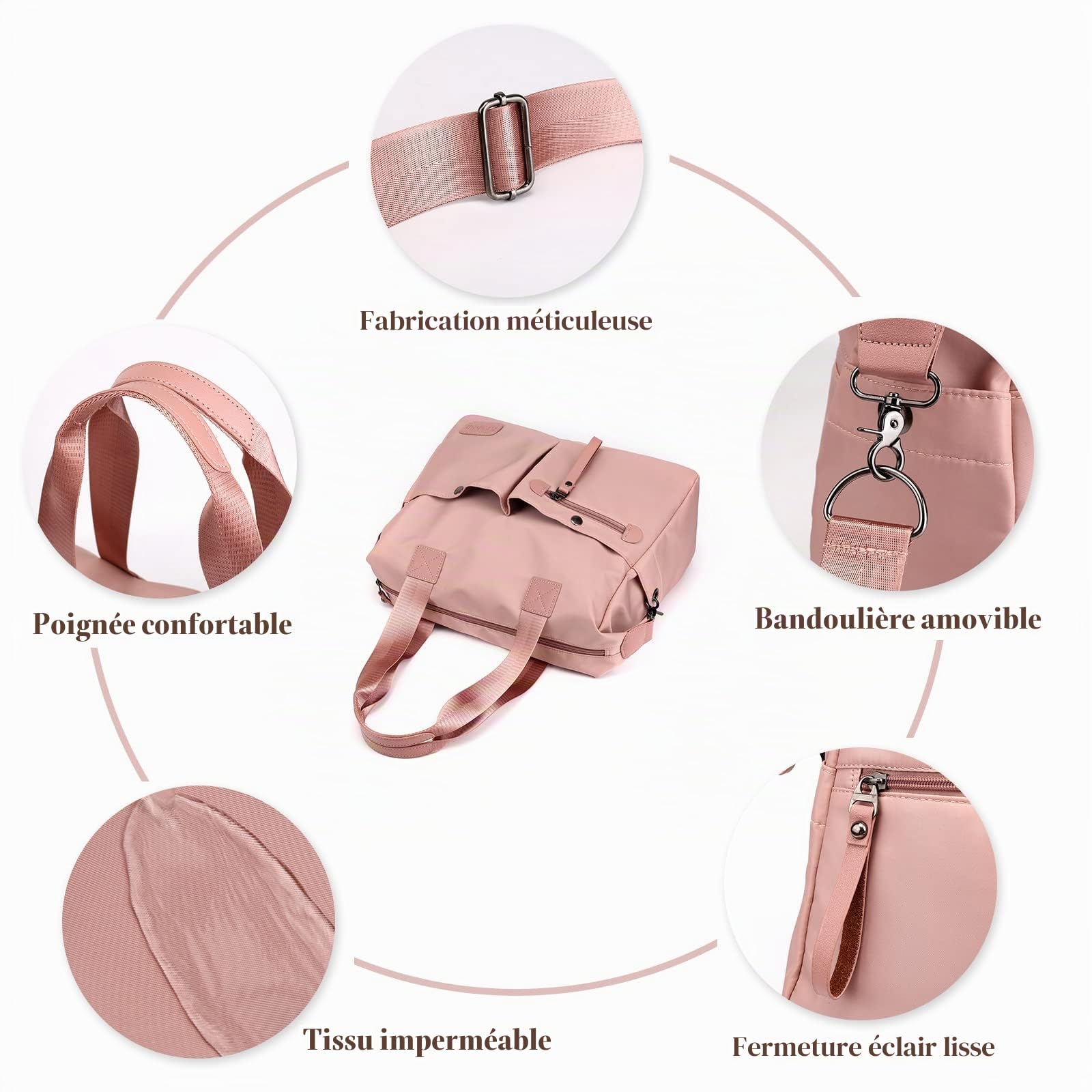 CORIOS Sacs Portés Épaule Nylon Bandoulière Sac Imperméable Messager Grande Capacité Cabas Rose pour Achat Travail Fête Voyage