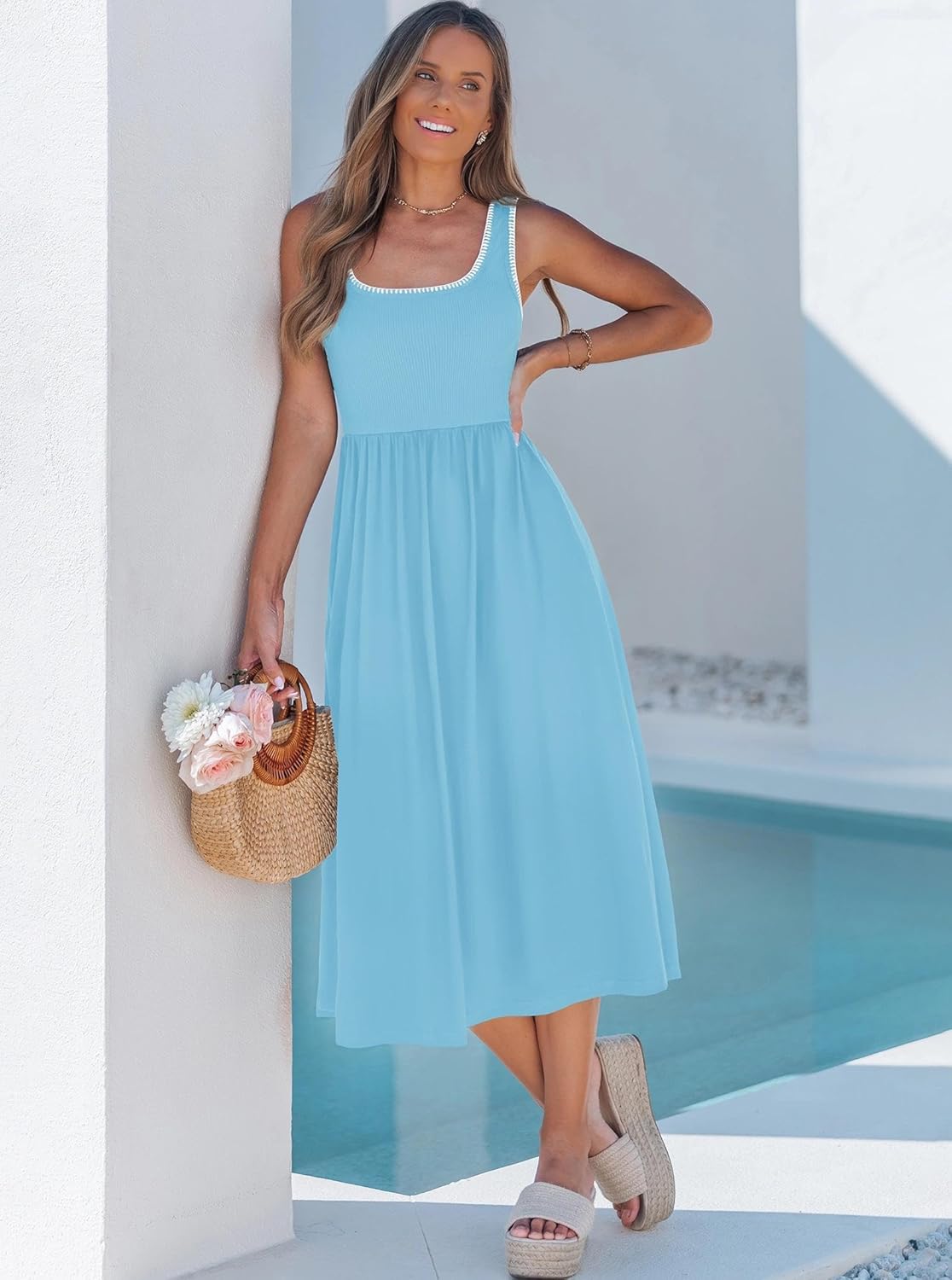 popvil Women A-Line Midi Dress 2026 Spring Summer Tank Top Square Neck Dress Casual Flowy Sleeveless Dress - Image 7