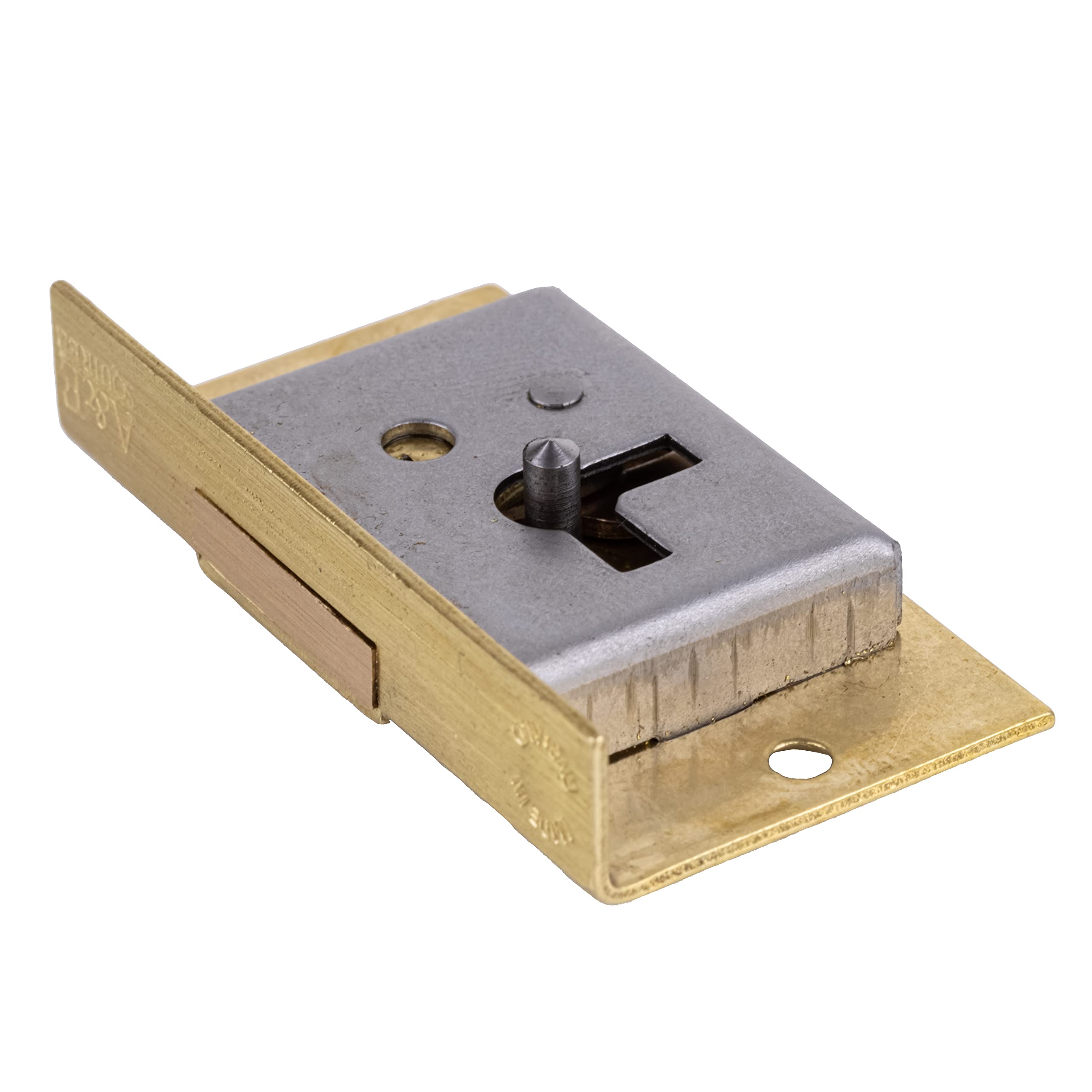 Small Right Hand Cabinet Door or Drawer Brass Plated Half Mortise Lock w/Two Skeleton Keys | S-19R