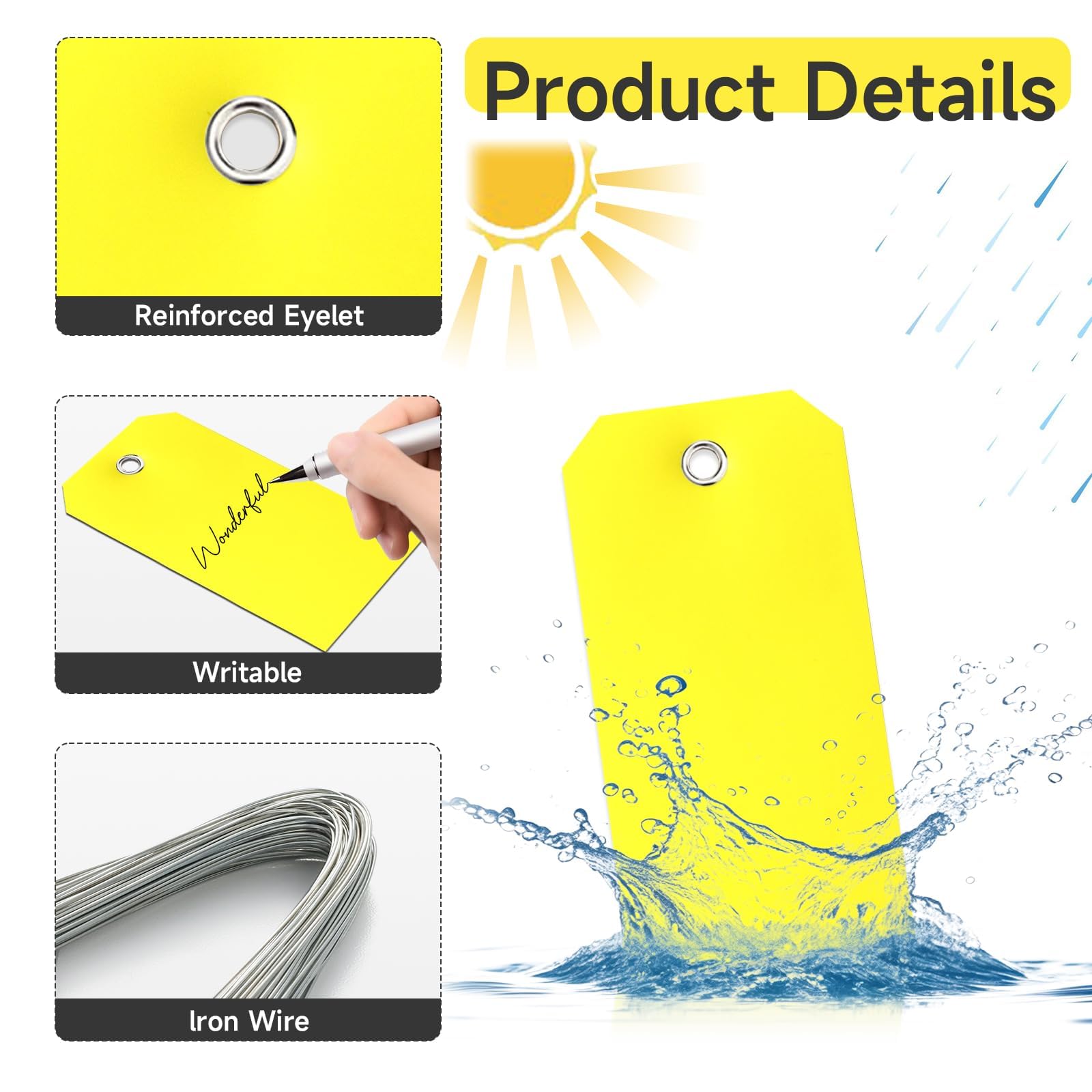 Pack of 100 Yellow Plastic Shipping Tags,with Wire Ties Plastic Hang Tags Durable, Waterproof, Blank, Writeable, Multi-Purpose Labels - Image 3