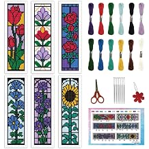 INFUNLY 6 Set Rose Window Cross Stitch Bookmark Kits for Beginners DIY Red Rose Embroidery Bookmark Kits with Instructions Flower Window Pre-Printed Bookmark Kit for Book Lovers Readers Women Gifts