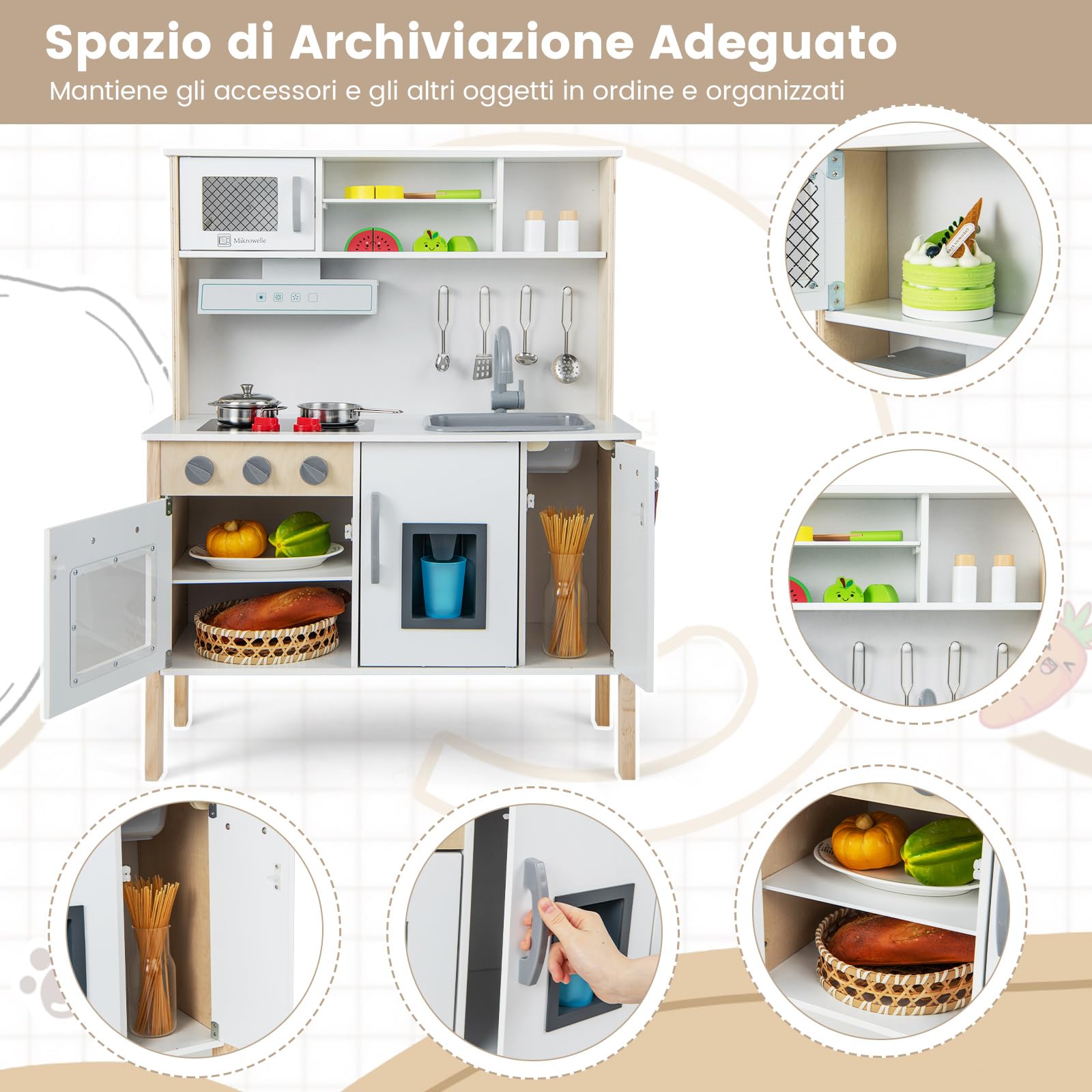 RELAX4LIFE Cucina Giocattolo per Bambini, Gioco Cucina in Legno con Microonde, Forno, Rubinetto, Lavello e 18 PCS Accessori, Mini Cucina per Bambini 3 4 5 6 Anni (Bianco)