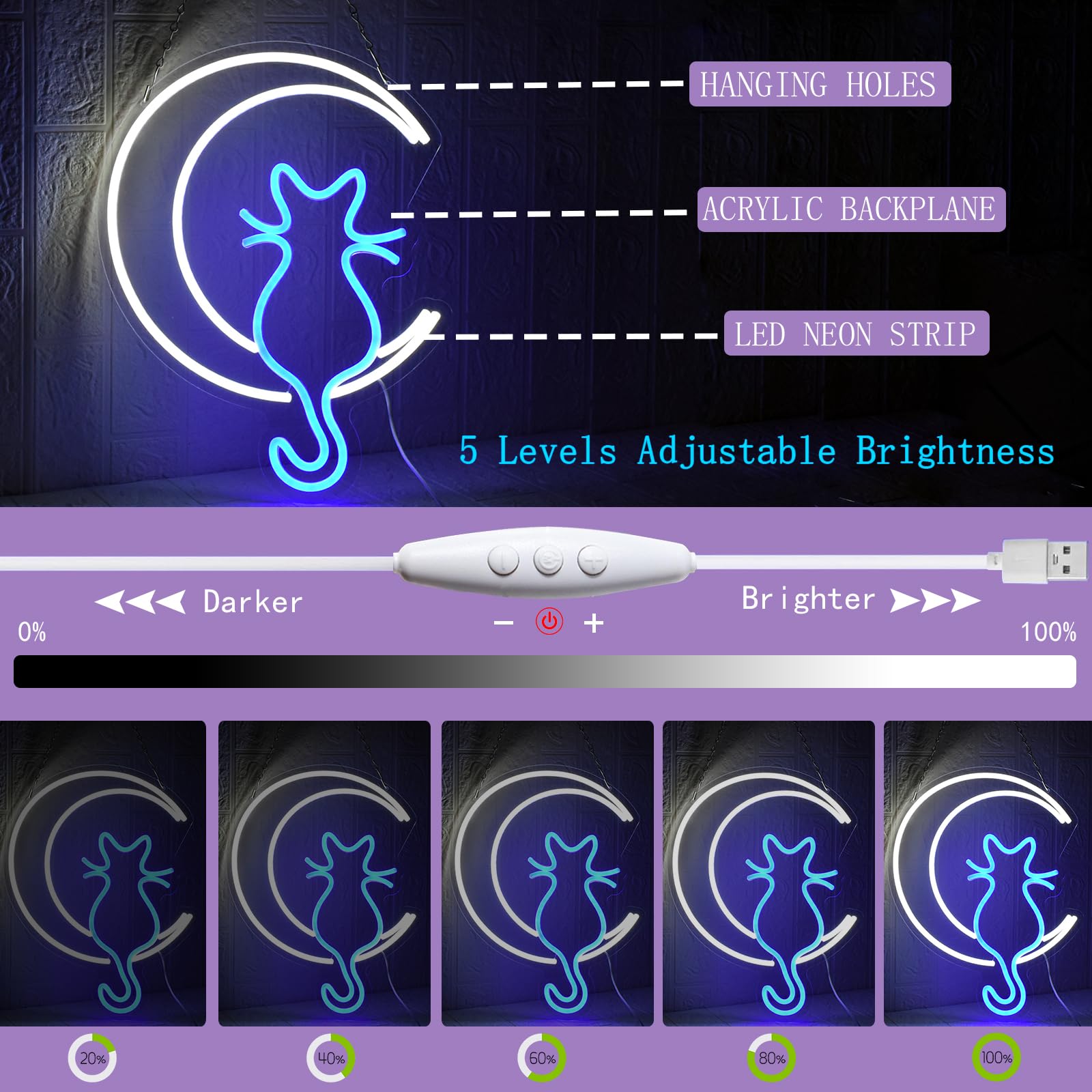 UExnkj-Y Moon Cat Neon Sign Cat Neon Light USB powered LED neon with switch, suitable for game room club, party, nightclub - Image 4