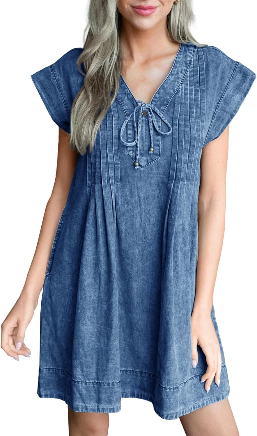Wenrine Womens Denim Mini Dress Casual Summer Cap Sleeve Tie V Neck Loose Babydoll Jean Dresses Blue MEDIUM
