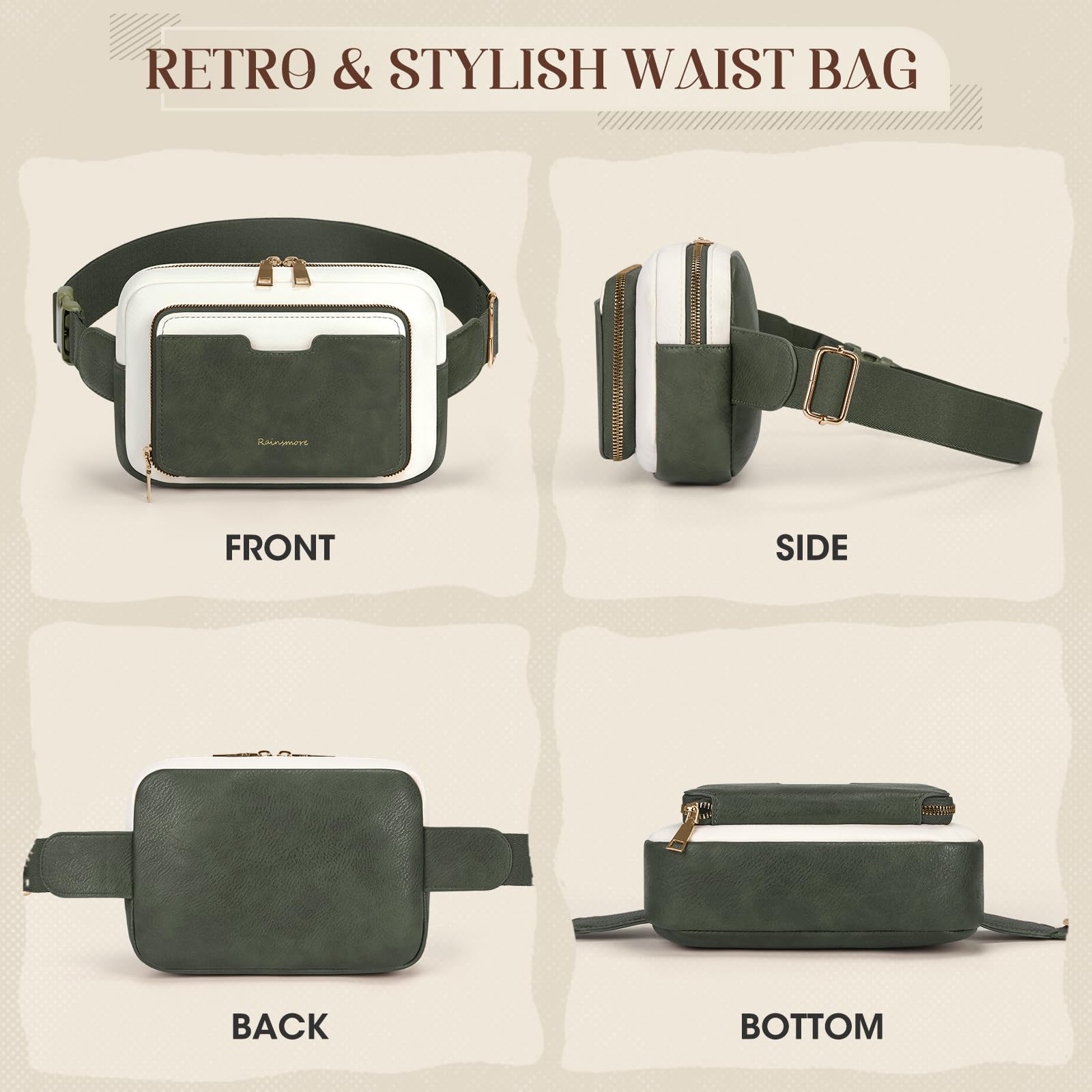 RAINSMORE Sacs banane pour femme, sac banane vintage en cuir Everywhere, Vert foncé avec blanc, Moyen