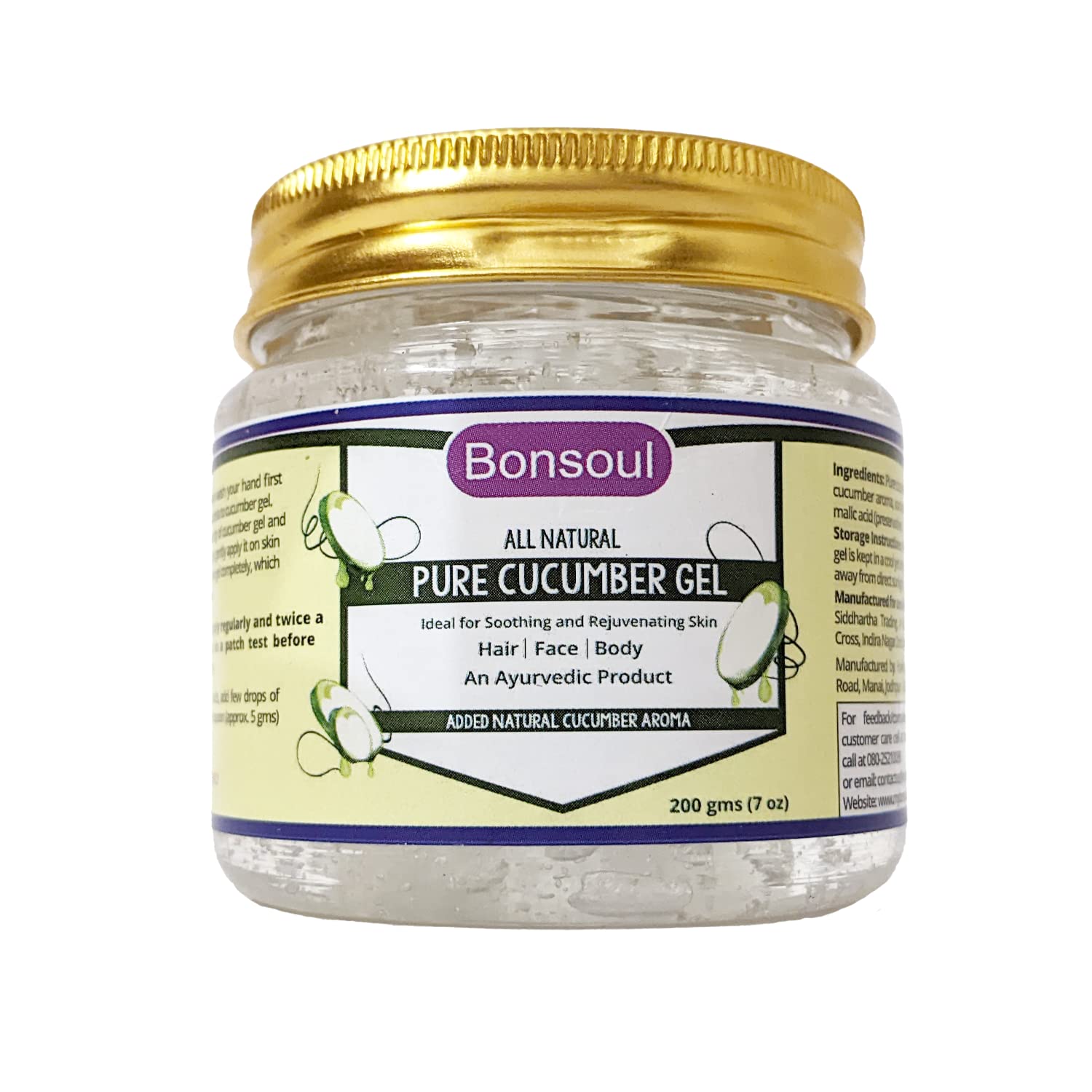 BONSOUL All Natural and Pure Cucumber Gel | Ideal for Soothing & Rejuvenating Skin | Hair, Face and Body (200 GMS)