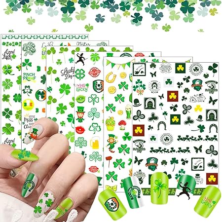 amazon com 6 sheets st patrick s day nail stickers 3d self adhesive shamrock clover nail polish decals green clover irish nail art stickers st patrick s day for nail decoration for women girls acrylic nails art