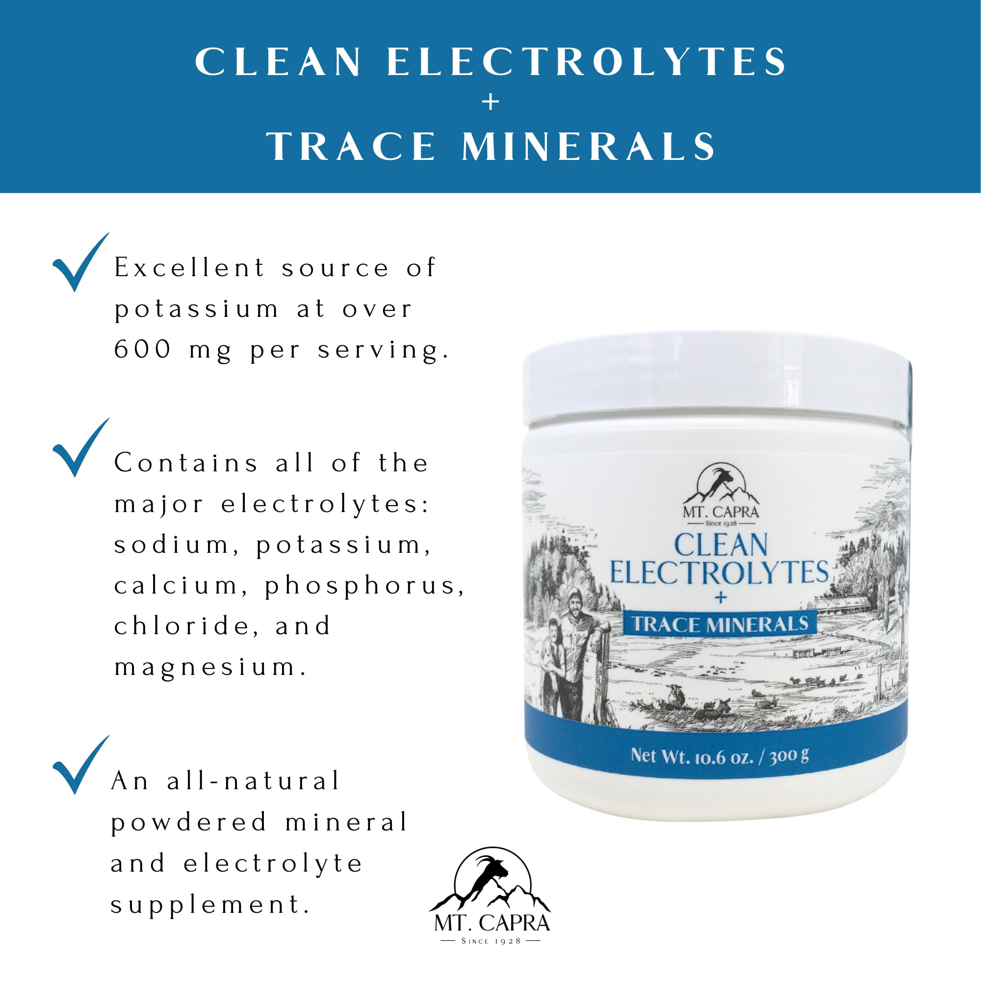 Mt. Capra Clean Electrolytes + Trace Minerals | Whole Food Minerals from Grass-Fed Goat Milk | Hydrating and Easy to Mix | 30 Servings - 10.6 oz