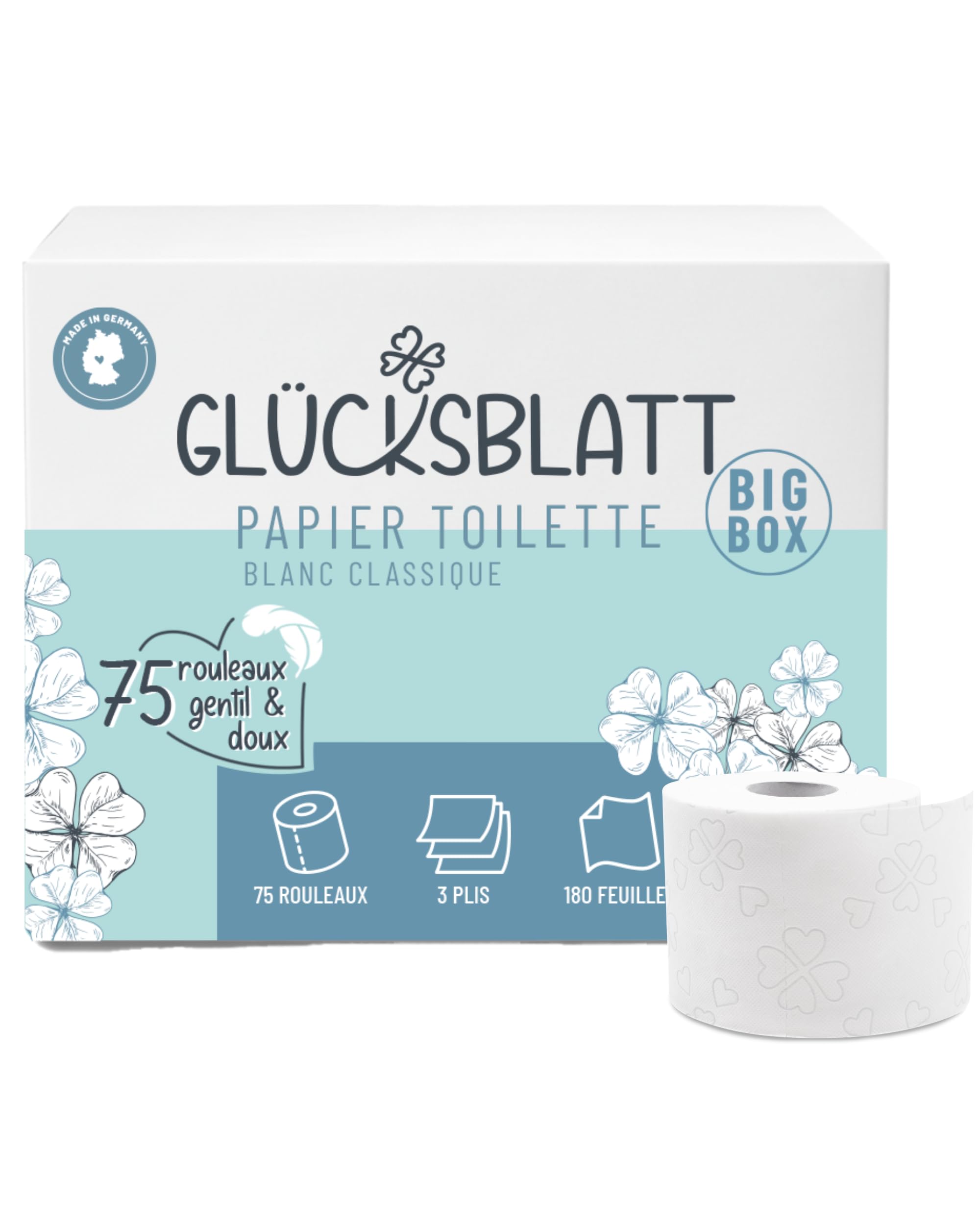 Glücksblatt Boîte de Papier Toilette Blanc 3 Plis, 75 Rouleaux x 180 Feuilles, 100% Cellulose, Super Doux, Grand Format Pack Économique XXL pour Famille et Professionnels