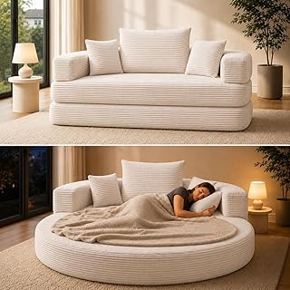 2-in-1 Schlafsofa Rundliege, klappbares Boneless-Sofabett aus Cord-Stoff, ovales Sofa Bett 173 x 176 cm, multifunktionale Schlafcouch mit 3 Kissen für Wohnzimmer, Gästezimmer, Apartment (Hellbeige)